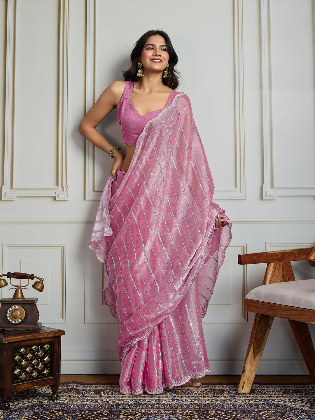 Jyoti Fashion Women's Pink Chiffon Silk Sequins Designer Saree with Blouse | Swadesiicart