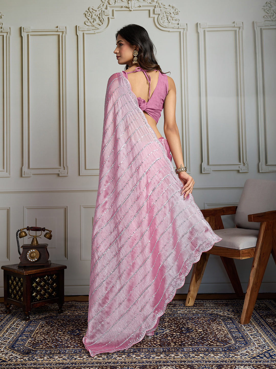 Jyoti Fashion Women's Pink Chiffon Silk Sequins Designer Saree with Blouse | Swadesiicart