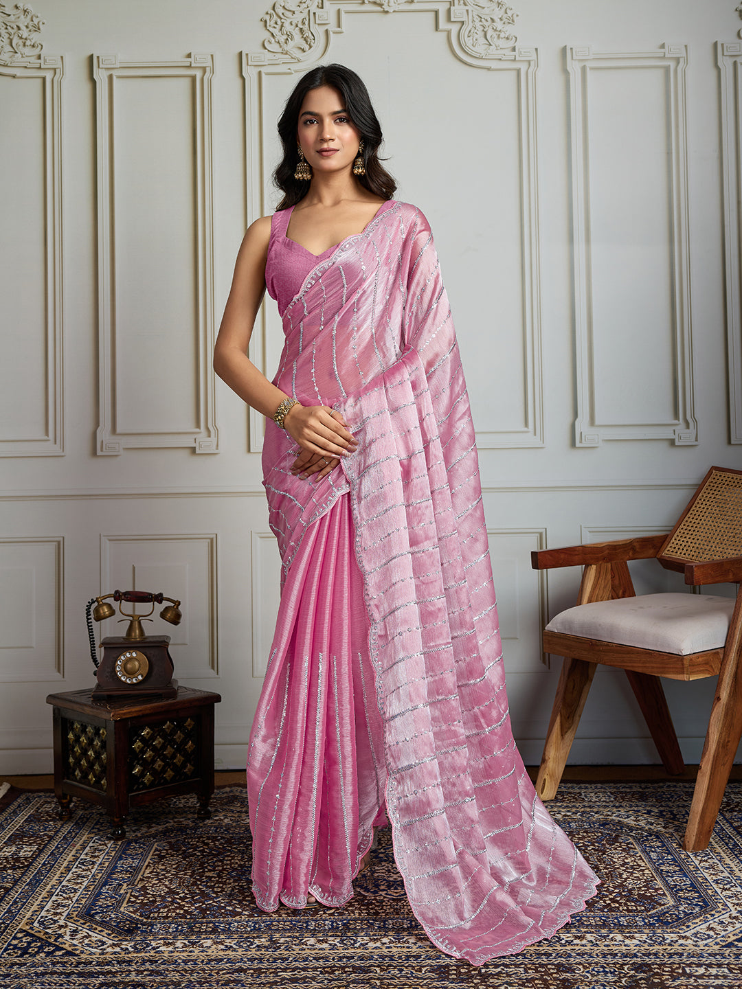 Jyoti Fashion Women's Pink Chiffon Silk Sequins Designer Saree with Blouse | Swadesiicart