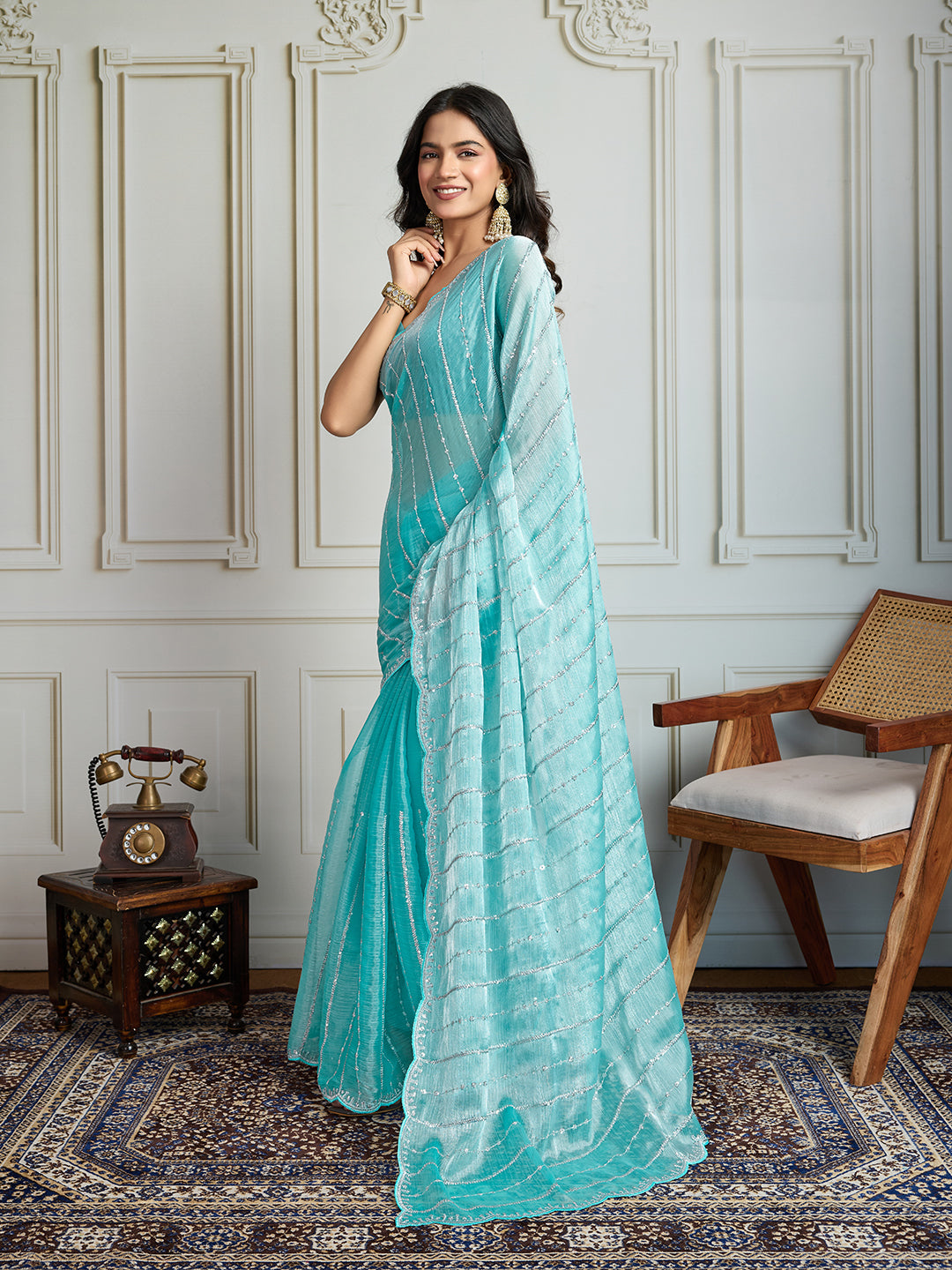 Jyoti Fashion Women's Sky Blue Chiffon Silk Sequins Designer Saree with Blouse | Swadesiicart