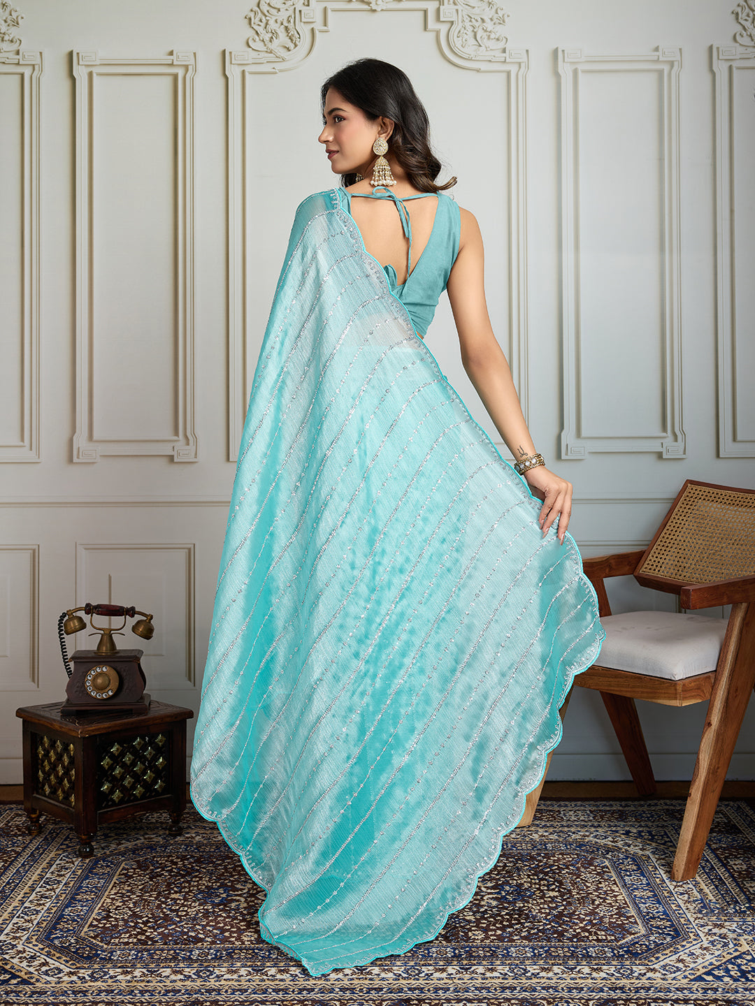 Jyoti Fashion Women's Sky Blue Chiffon Silk Sequins Designer Saree with Blouse | Swadesiicart