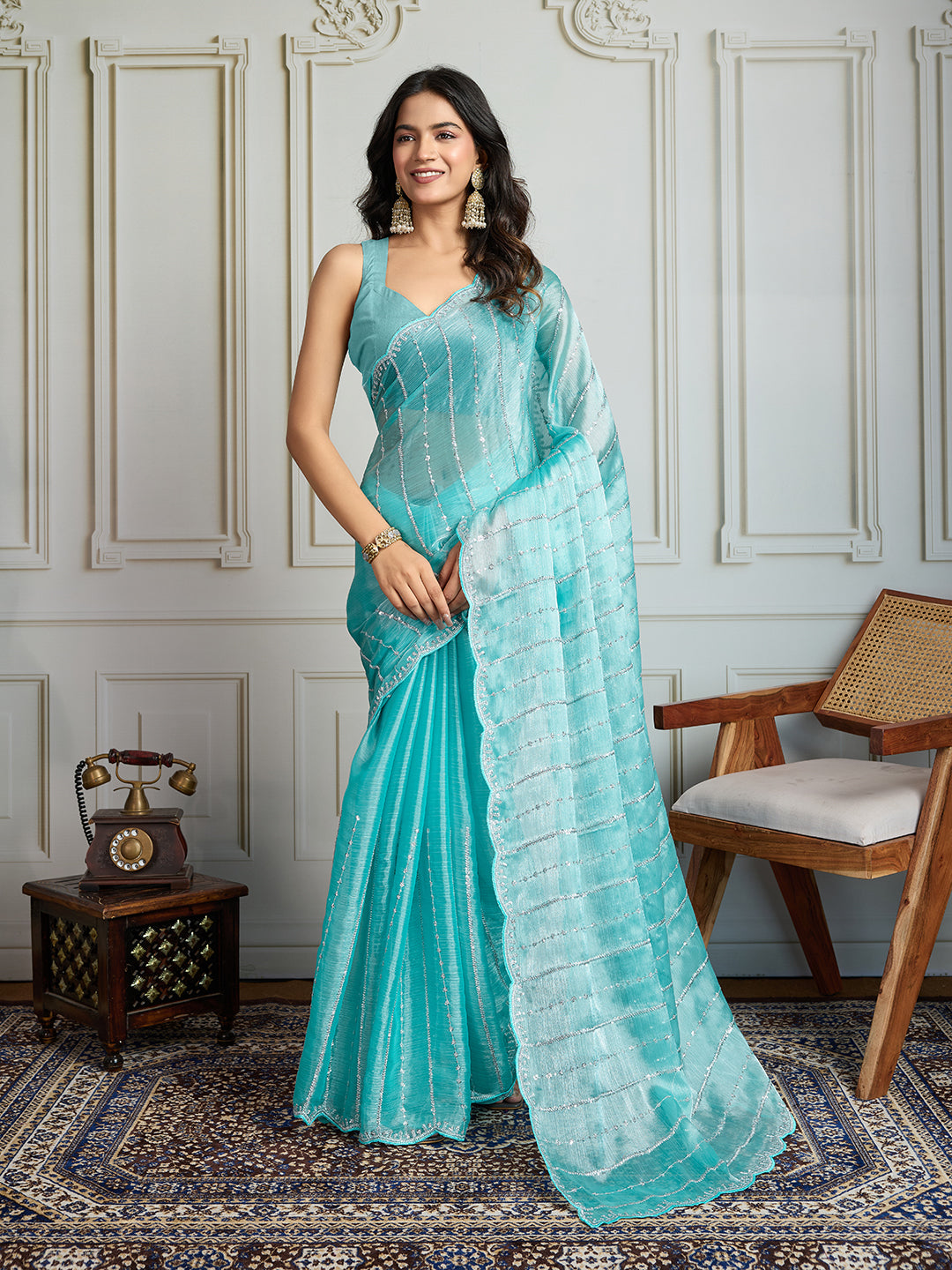 Jyoti Fashion Women's Sky Blue Chiffon Silk Sequins Designer Saree with Blouse | Swadesiicart