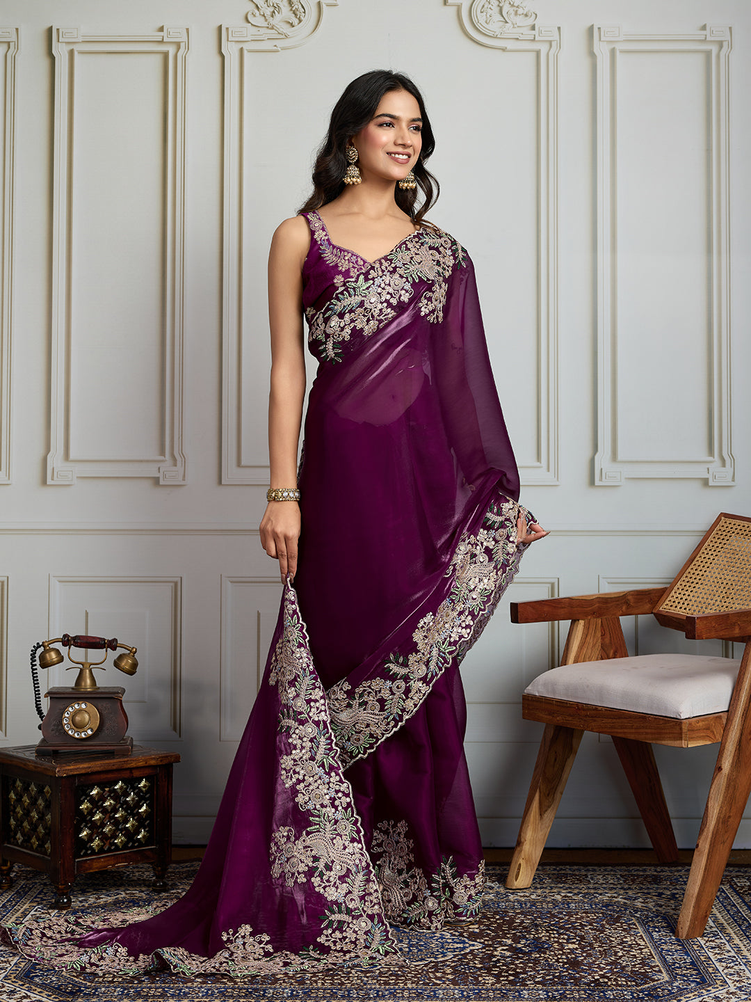 Jyoti Fashion Women's Wine Jimmy Choo Silk Embroidered Designer Saree with Blouse | Swadesiicart