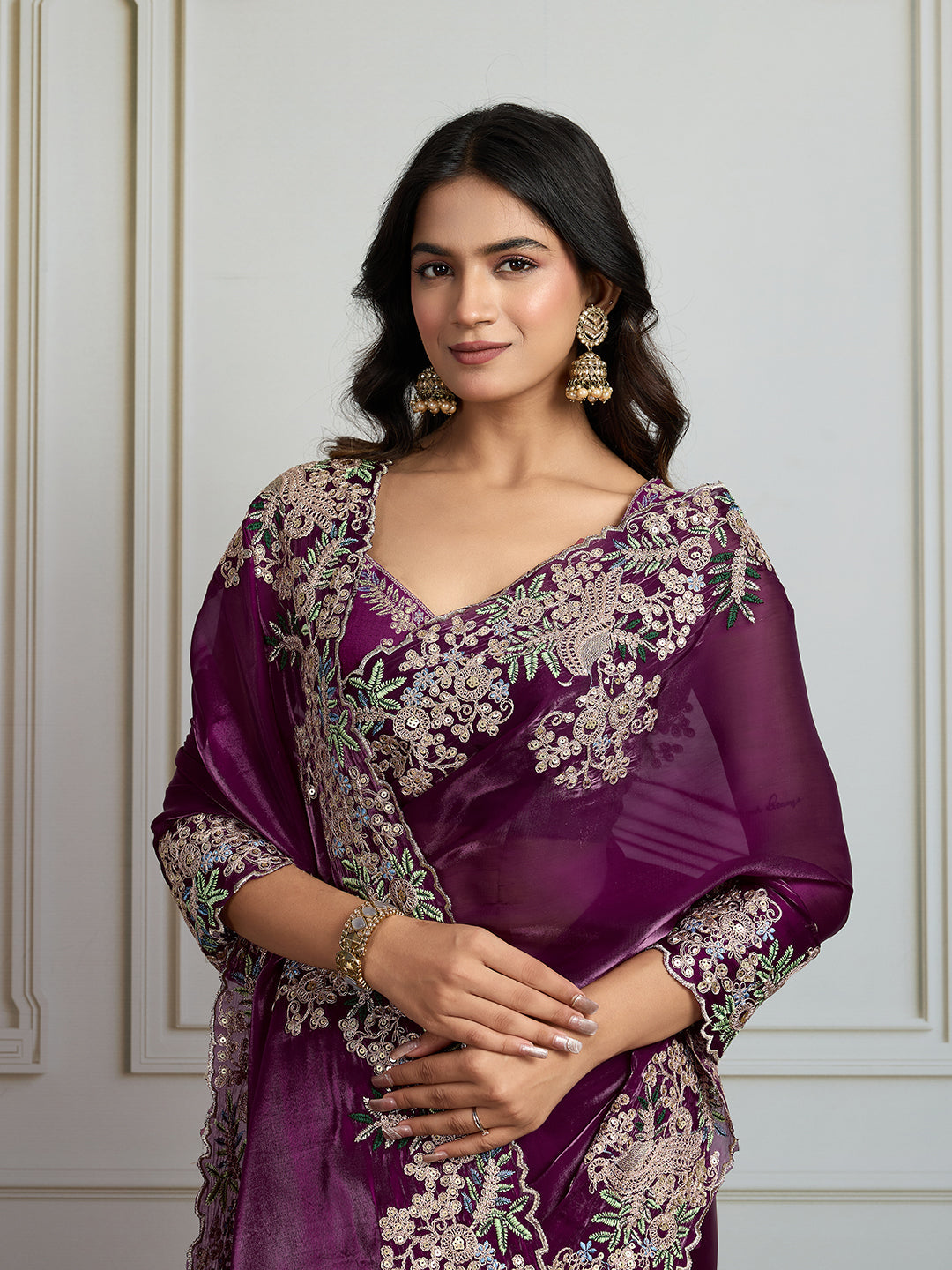 Jyoti Fashion Women's Wine Jimmy Choo Silk Embroidered Designer Saree with Blouse | Swadesiicart