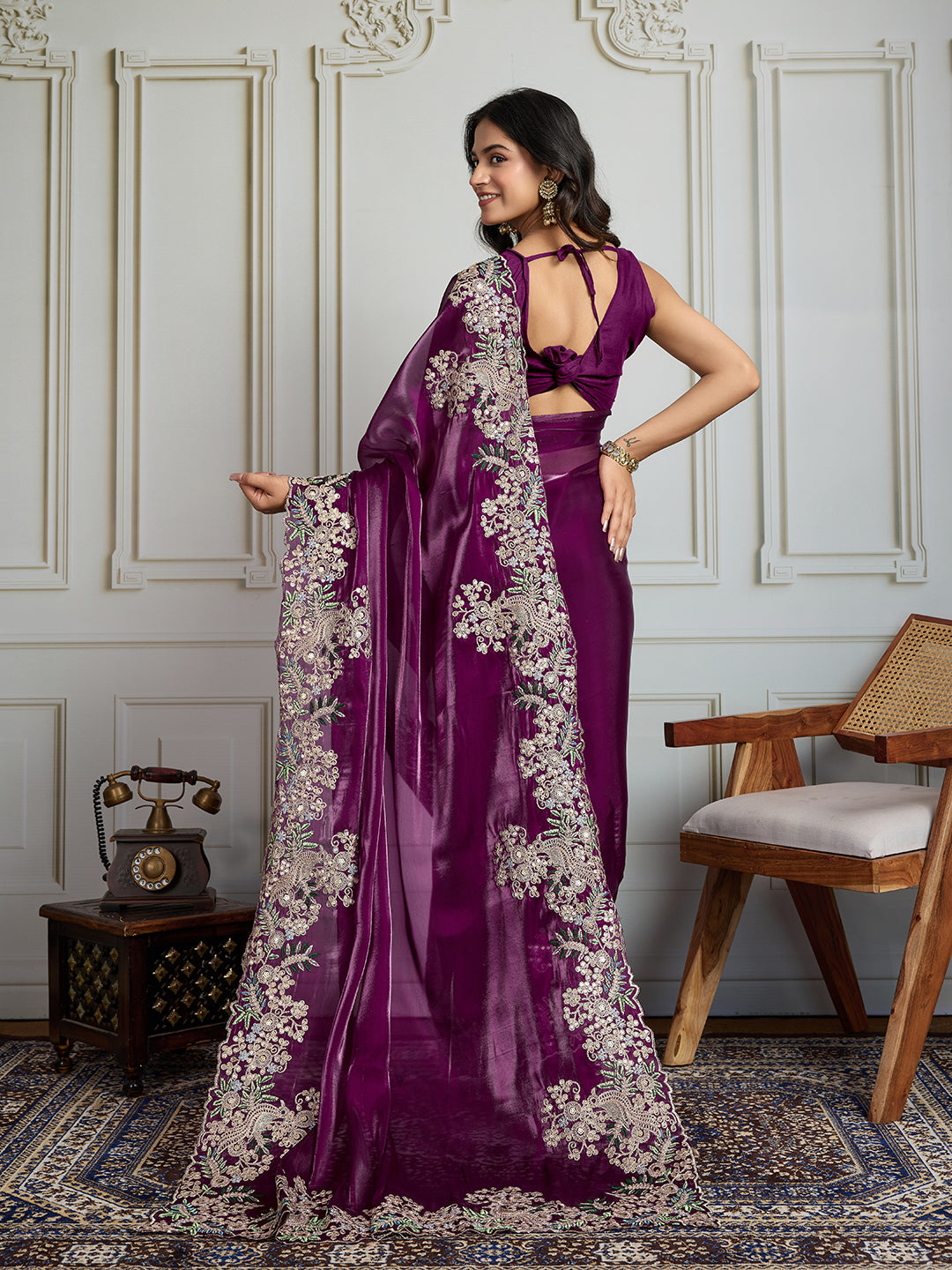 Jyoti Fashion Women's Wine Jimmy Choo Silk Embroidered Designer Saree with Blouse | Swadesiicart