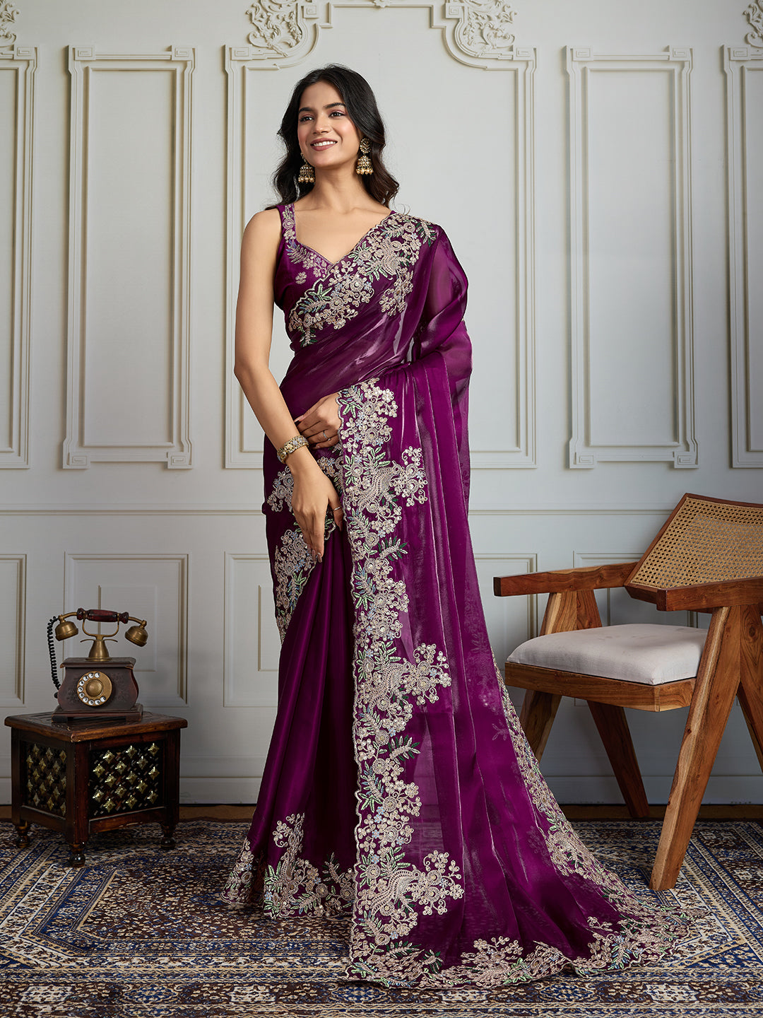 Jyoti Fashion Women's Wine Jimmy Choo Silk Embroidered Designer Saree with Blouse | Swadesiicart
