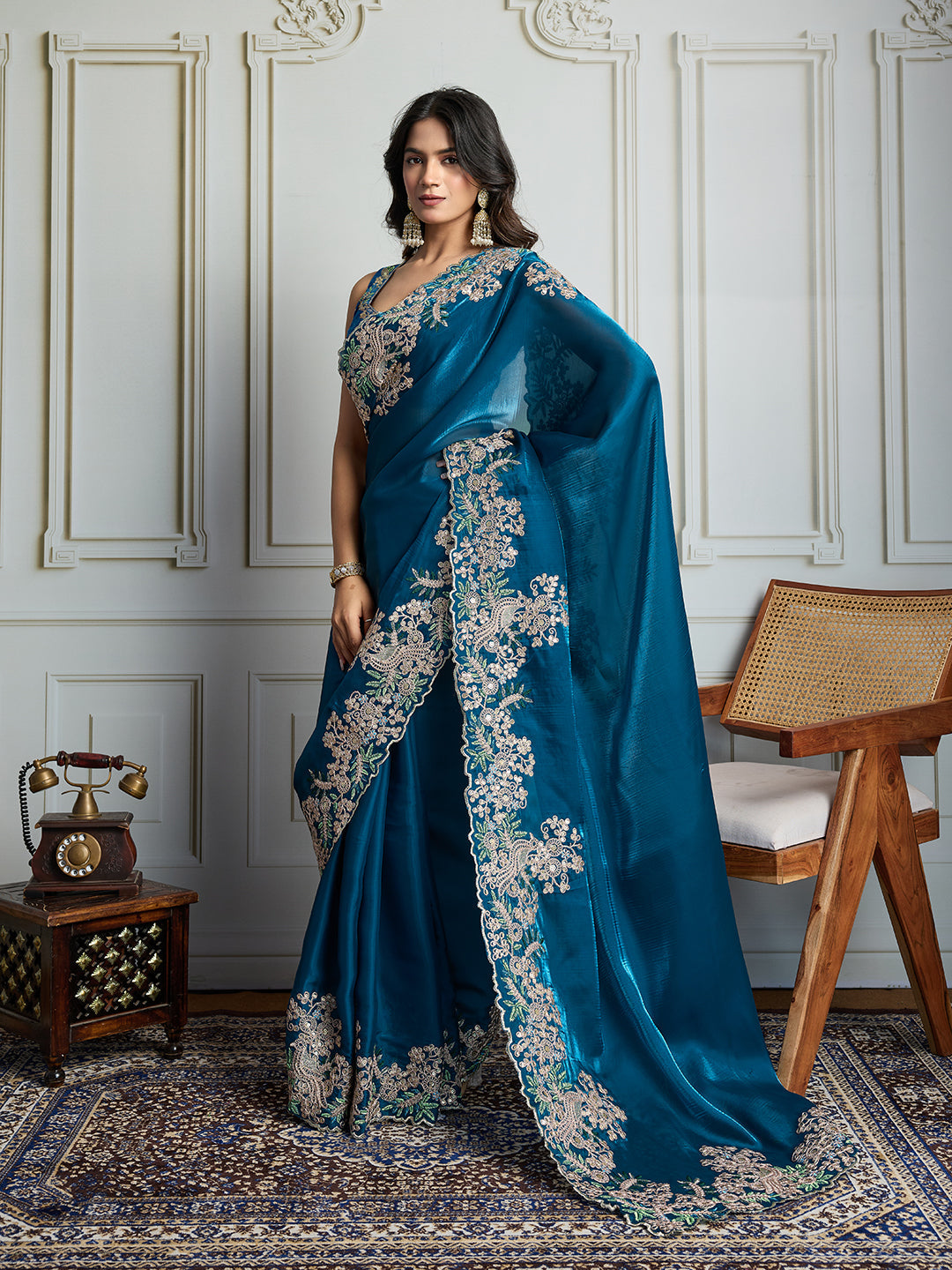 Jyoti Fashion Women's Teal Jimmy Choo Silk Embroidered Designer Saree with Blouse | Swadesiicart