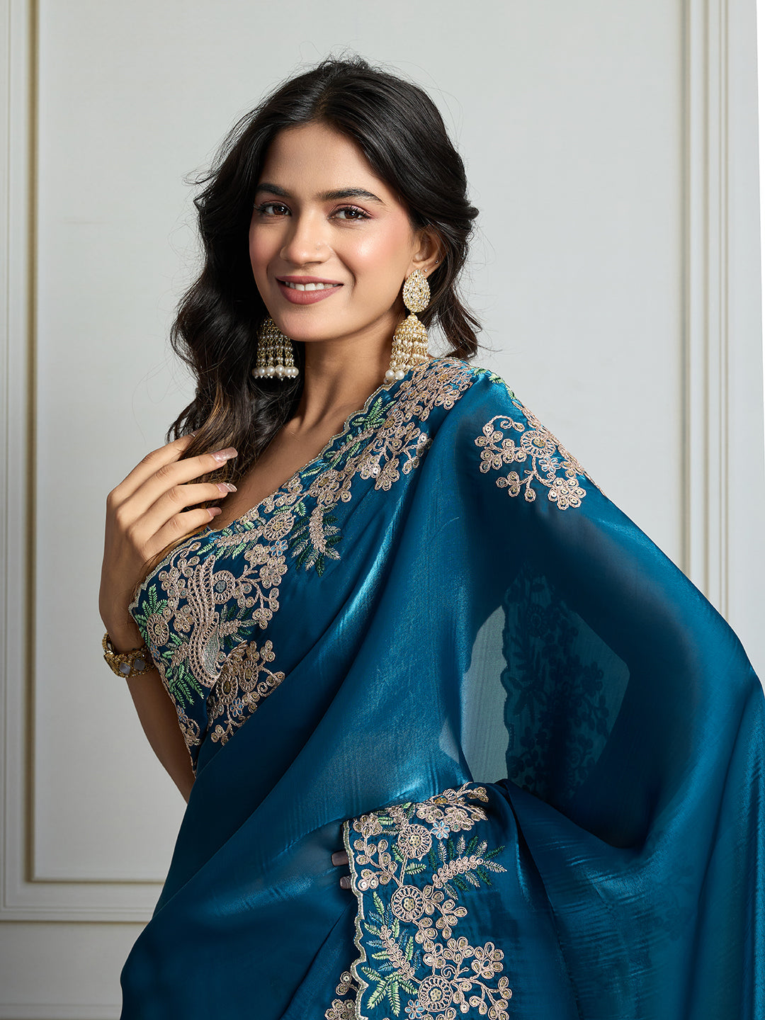 Jyoti Fashion Women's Teal Jimmy Choo Silk Embroidered Designer Saree with Blouse | Swadesiicart