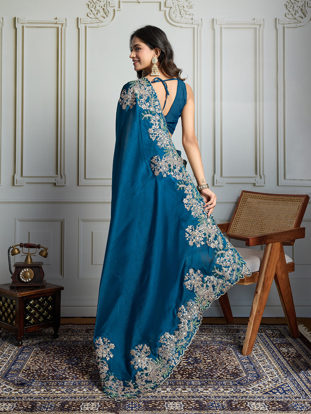 Jyoti Fashion Women's Teal Jimmy Choo Silk Embroidered Designer Saree with Blouse | Swadesiicart