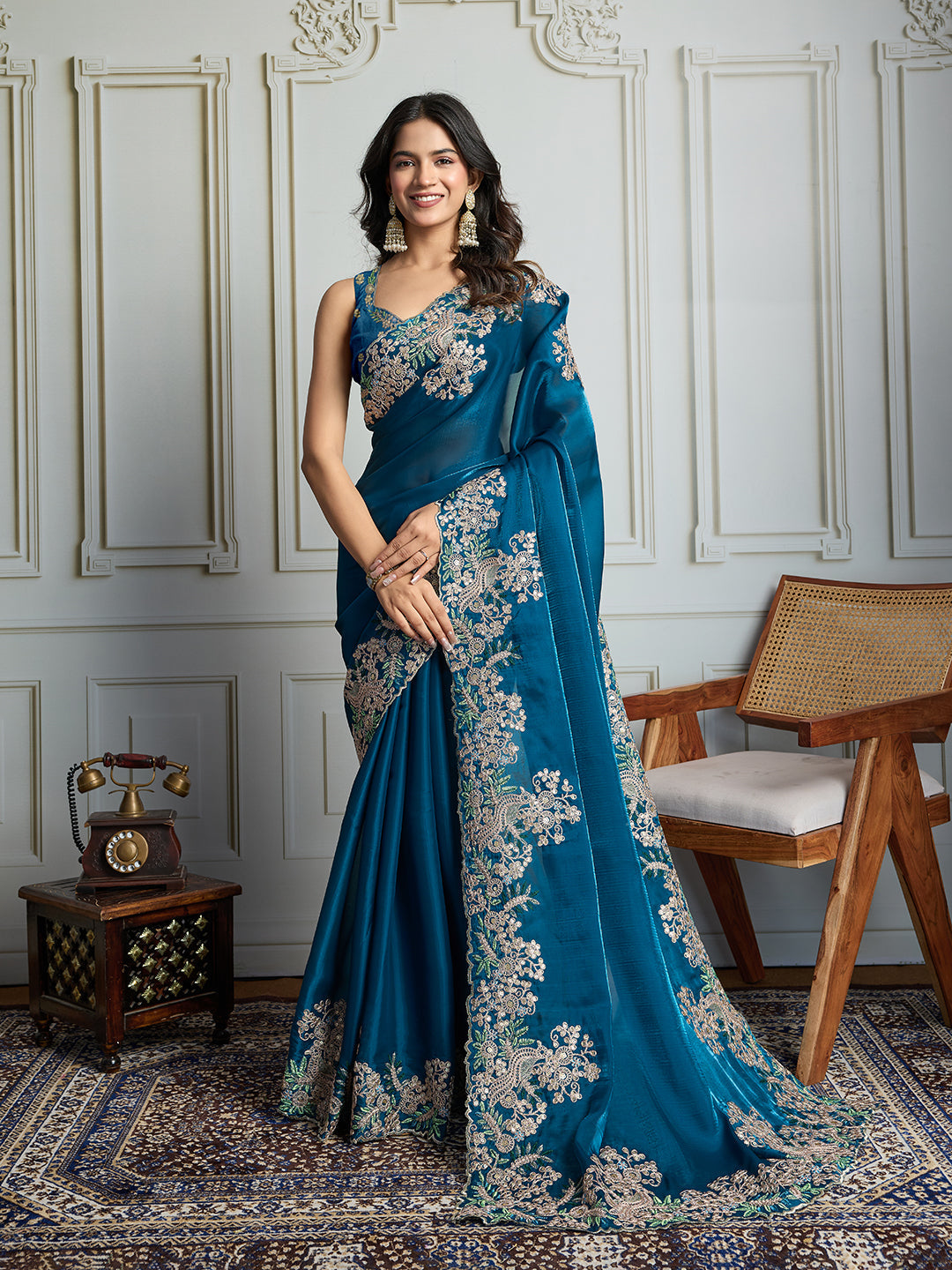 Jyoti Fashion Women's Teal Jimmy Choo Silk Embroidered Designer Saree with Blouse | Swadesiicart