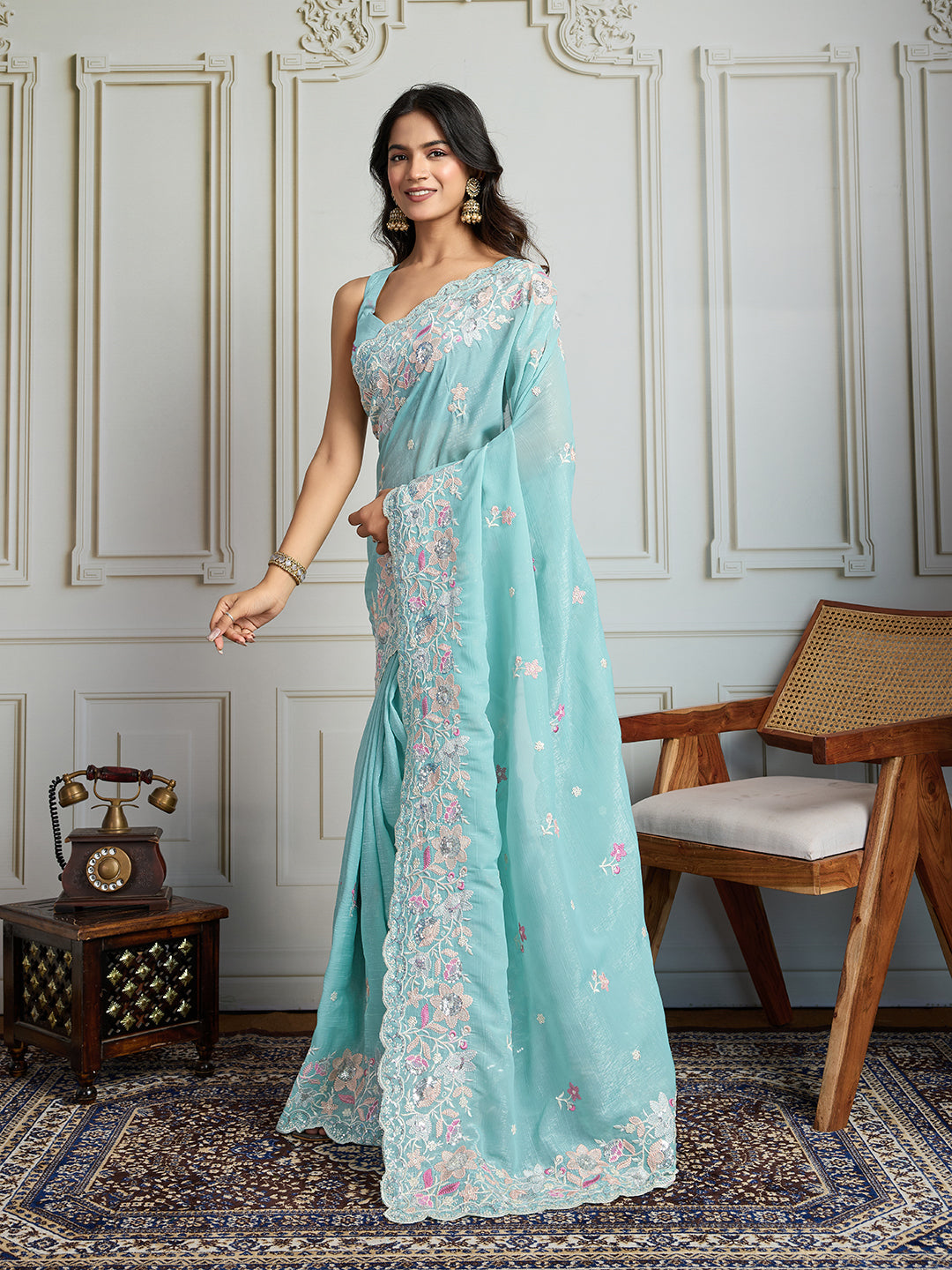 Jyoti Fashion Women's Sky Blue Semi Georgette Embroidered Designer Saree with Blouse | Swadesiicart
