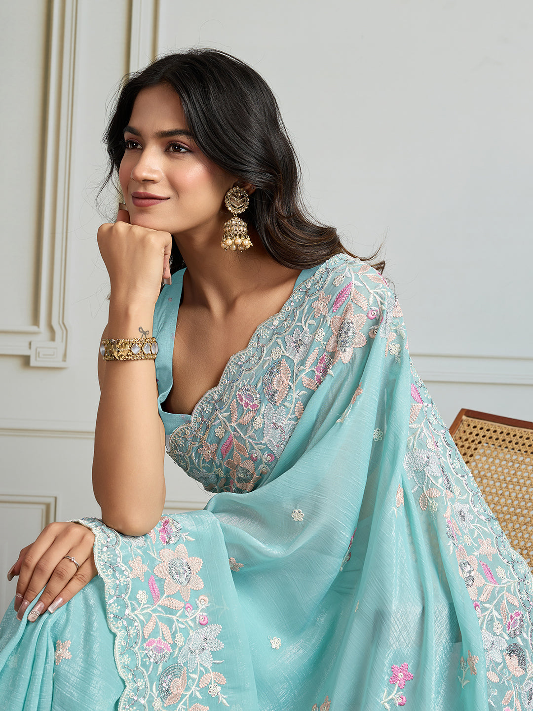 Jyoti Fashion Women's Sky Blue Semi Georgette Embroidered Designer Saree with Blouse | Swadesiicart
