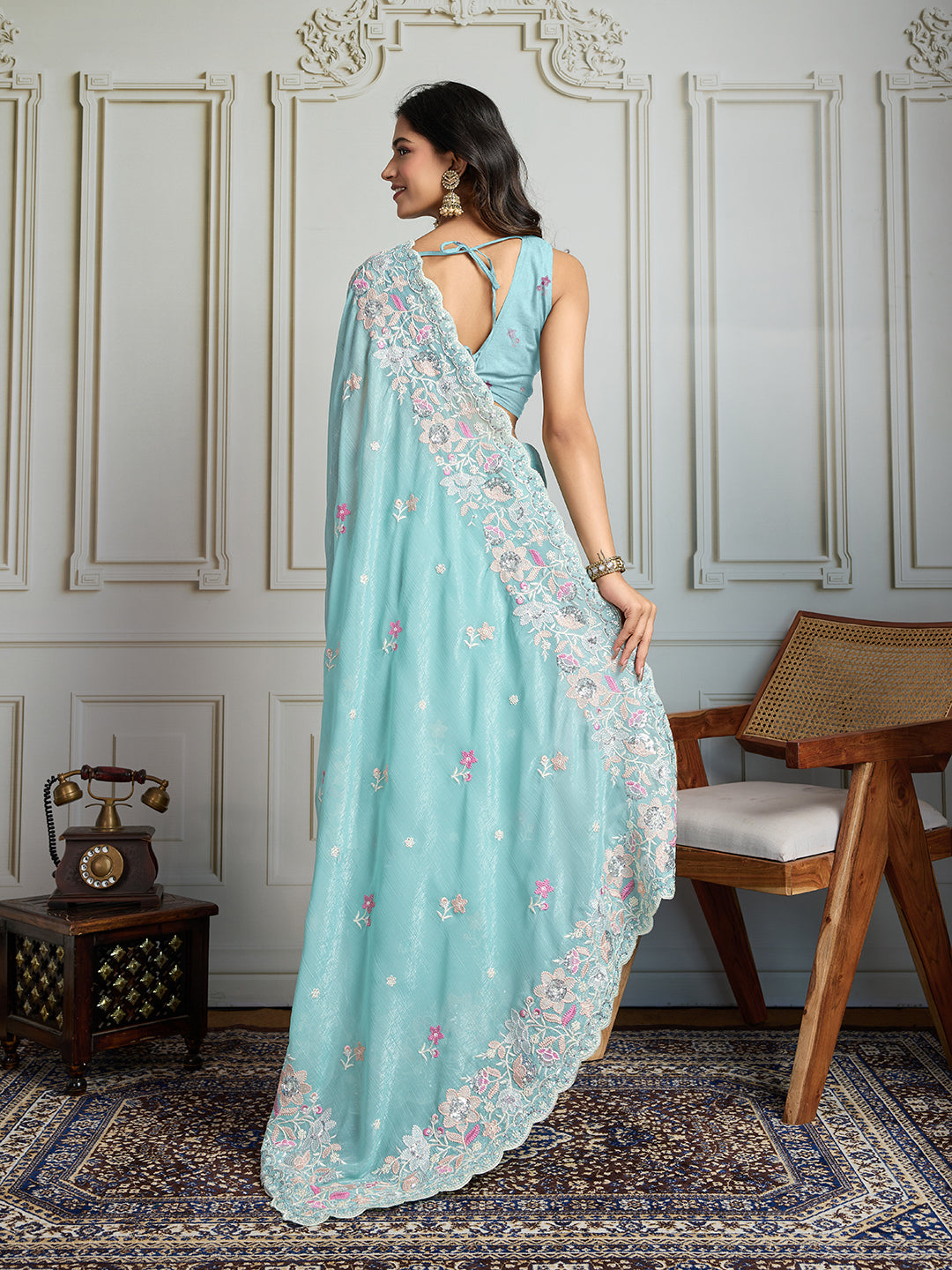 Jyoti Fashion Women's Sky Blue Semi Georgette Embroidered Designer Saree with Blouse | Swadesiicart