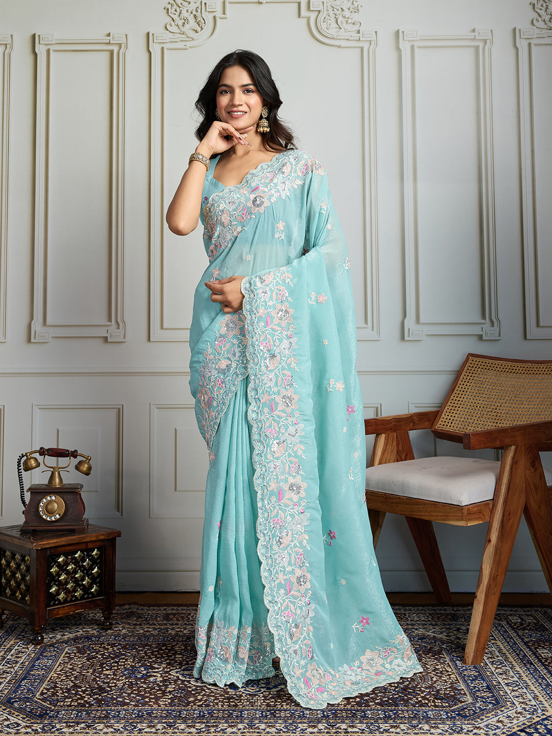 Jyoti Fashion Women's Sky Blue Semi Georgette Embroidered Designer Saree with Blouse | Swadesiicart