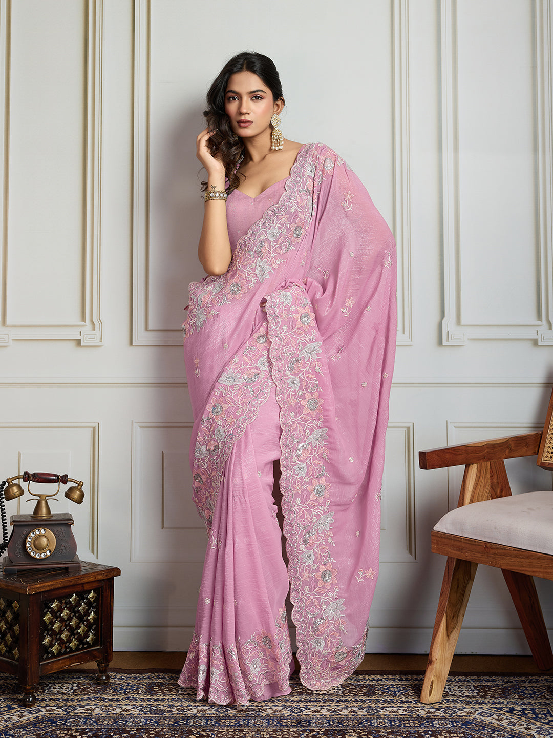 Jyoti Fashion Women's Pink Semi Georgette Embroidered Designer Saree with Blouse | Swadesiicart