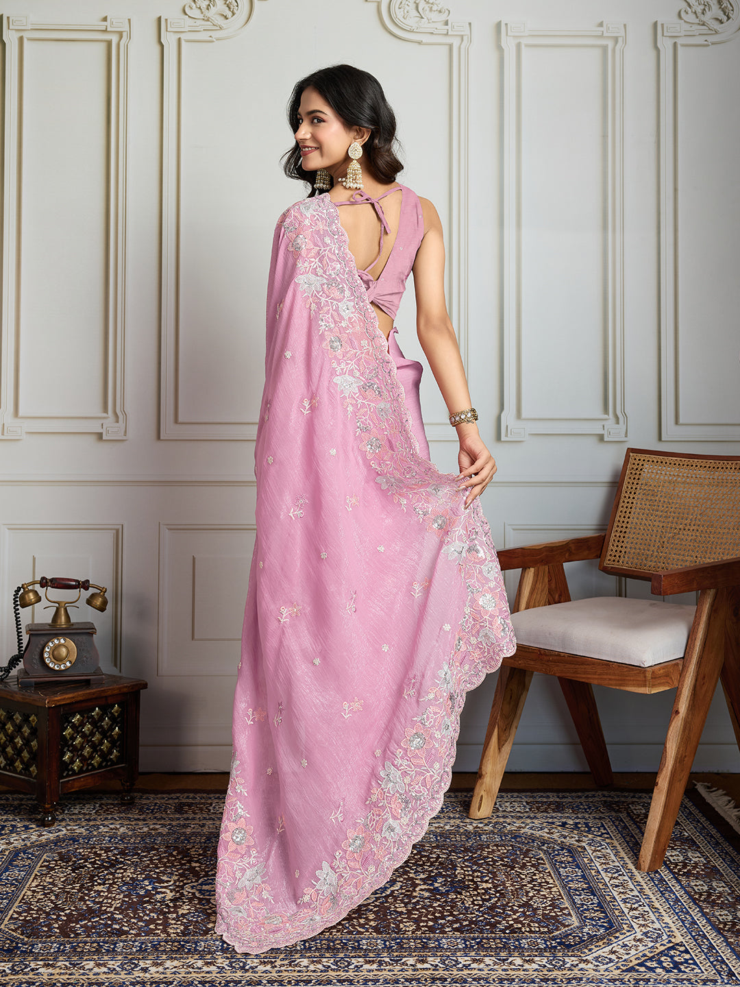 Jyoti Fashion Women's Pink Semi Georgette Embroidered Designer Saree with Blouse | Swadesiicart