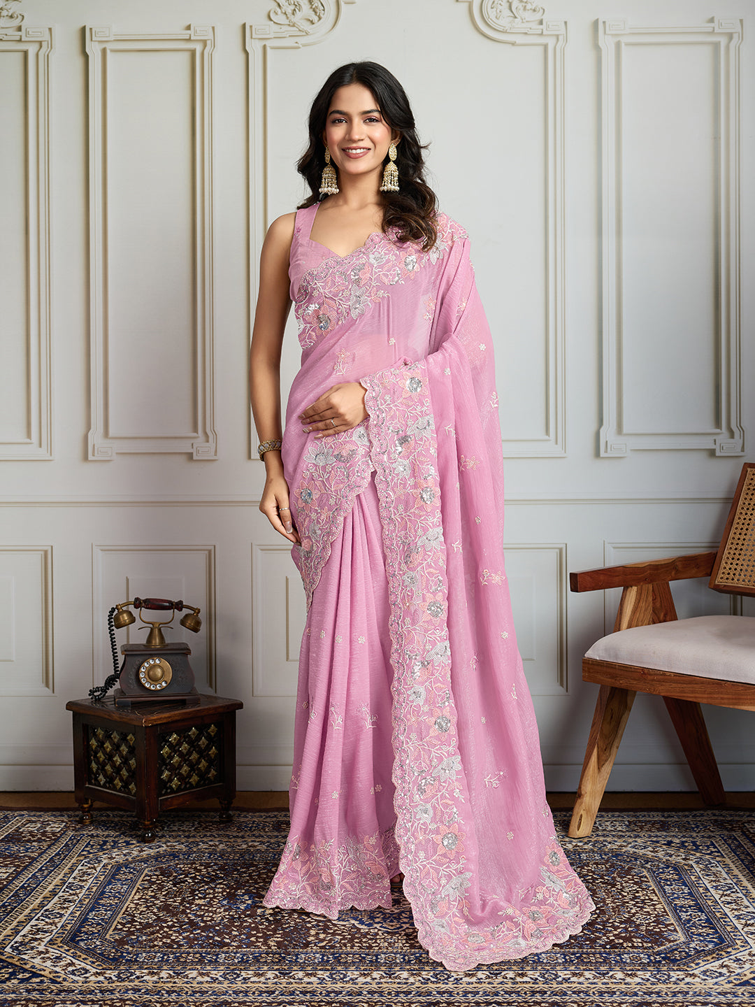 Jyoti Fashion Women's Pink Semi Georgette Embroidered Designer Saree with Blouse | Swadesiicart