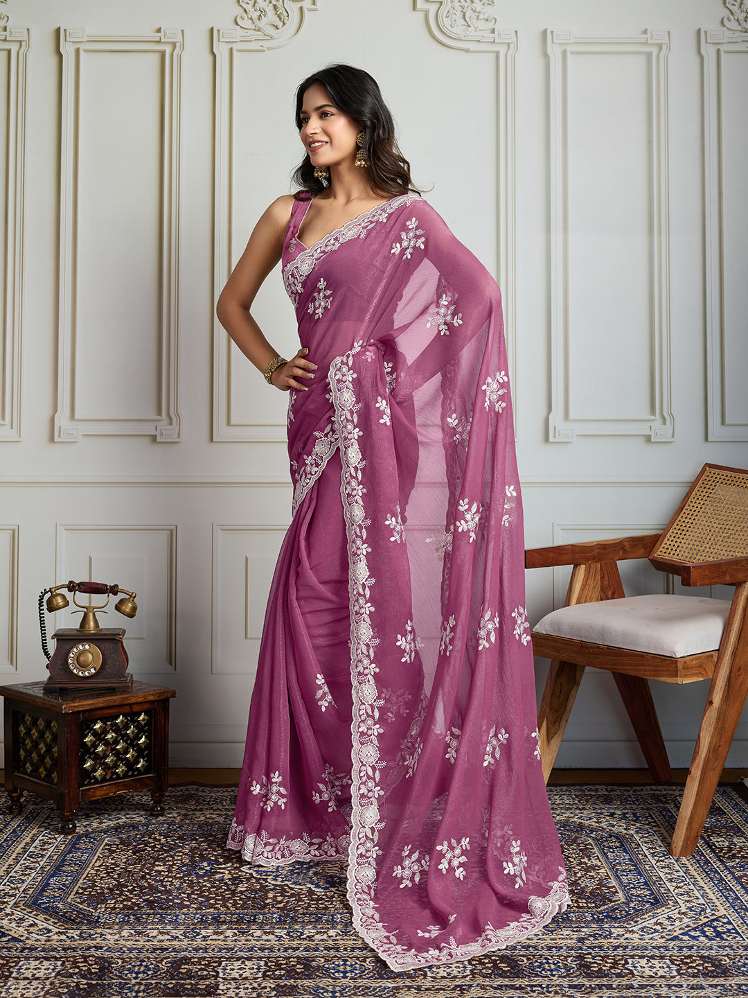Jyoti Fashion Women's Onion Semi Georgette Embroidered Designer Saree with Blouse | Swadesiicart