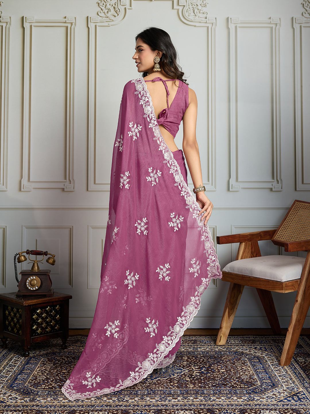 Jyoti Fashion Women's Onion Semi Georgette Embroidered Designer Saree with Blouse | Swadesiicart