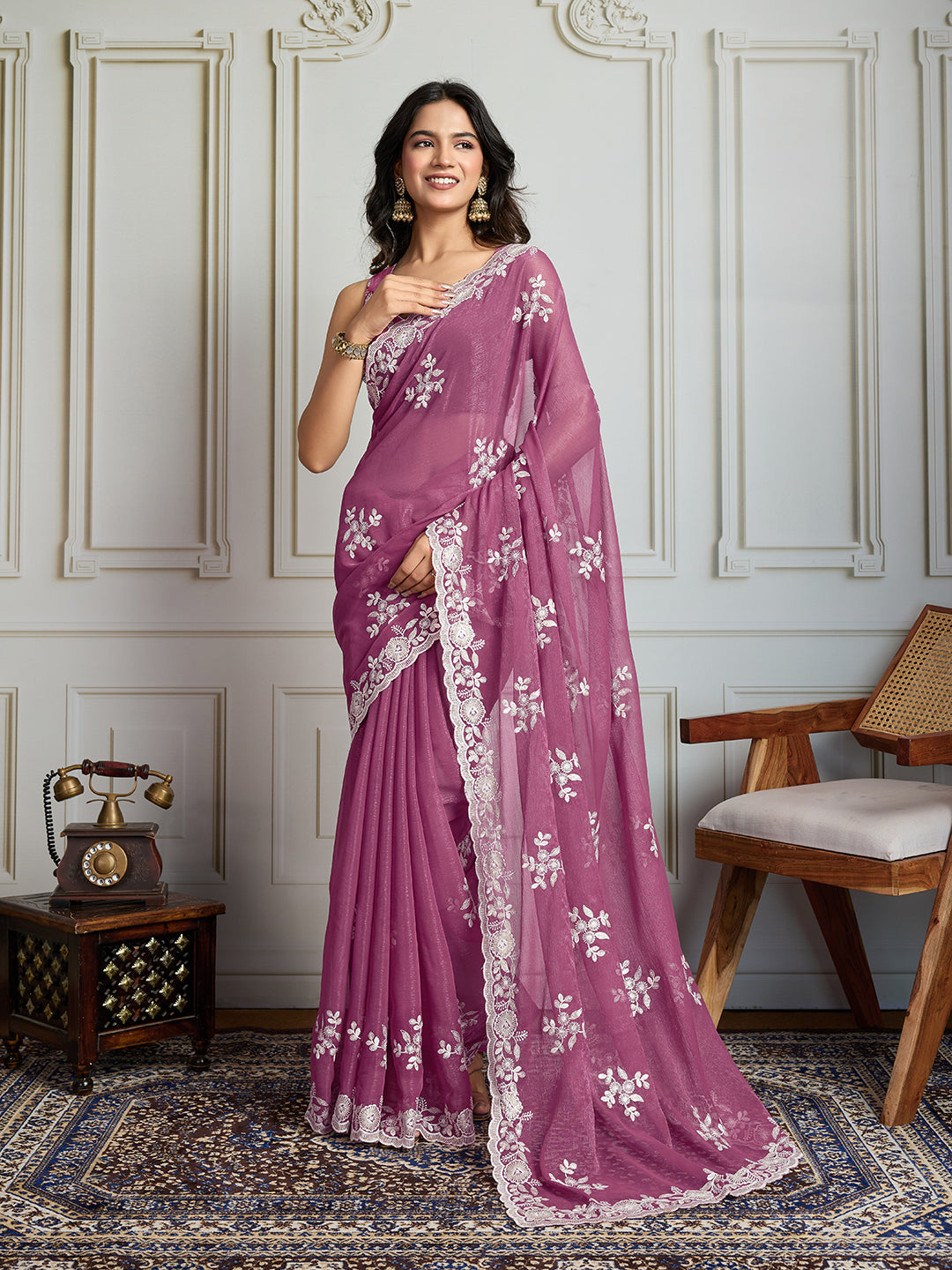 Jyoti Fashion Women's Onion Semi Georgette Embroidered Designer Saree with Blouse | Swadesiicart
