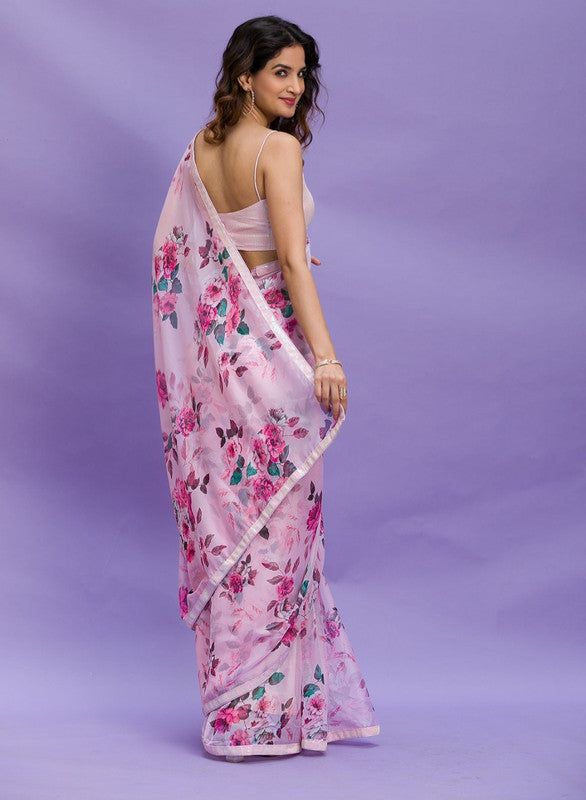 Jyoti Fashion Women's Pink Digital Print with Sequence Lace work Chinon Saree with Blouse | Swadesiicart