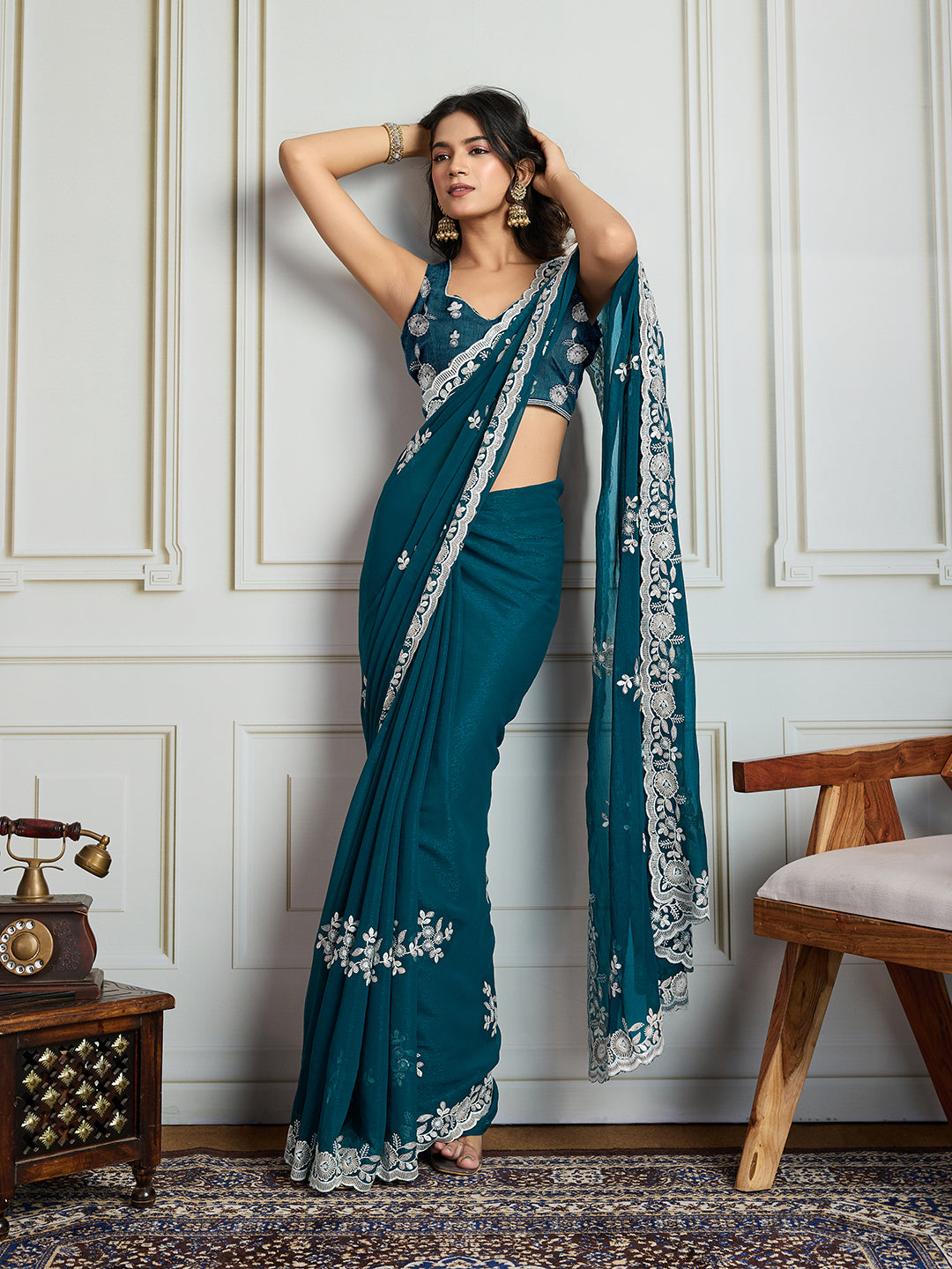Jyoti Fashion Women's Morpich Semi Georgette Embroidered Designer Saree with Blouse | Swadesiicart