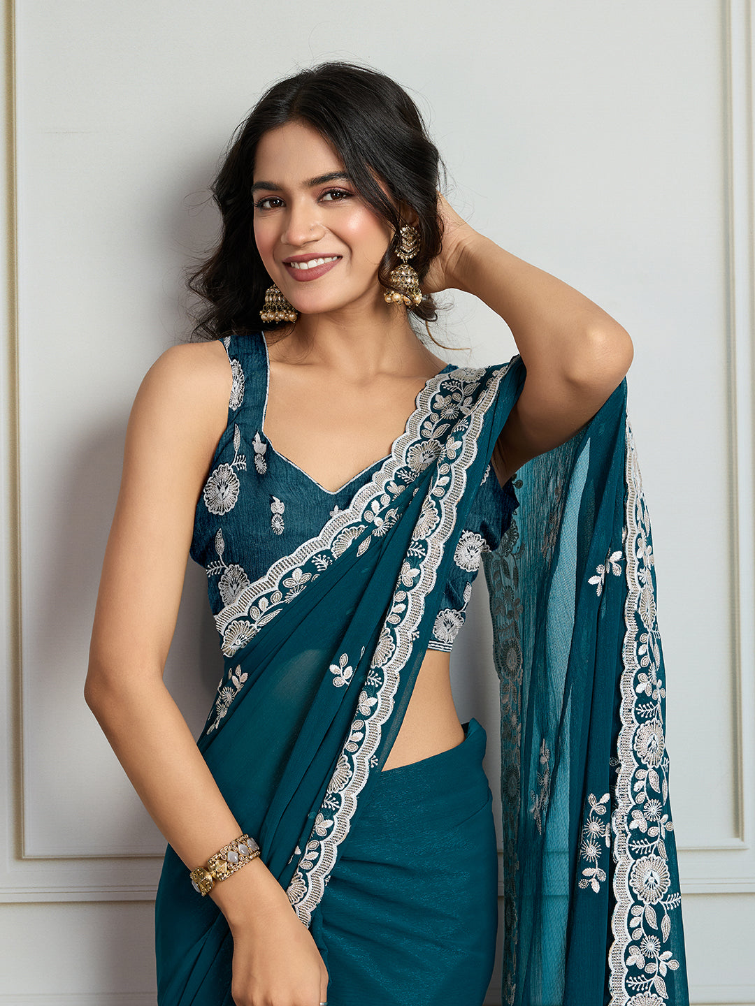 Jyoti Fashion Women's Morpich Semi Georgette Embroidered Designer Saree with Blouse | Swadesiicart