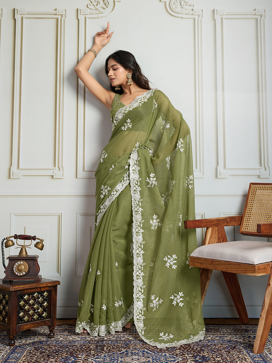 Jyoti Fashion Women's Olive Green Semi Georgette Embroidered Designer Saree with Blouse | Swadesiicart