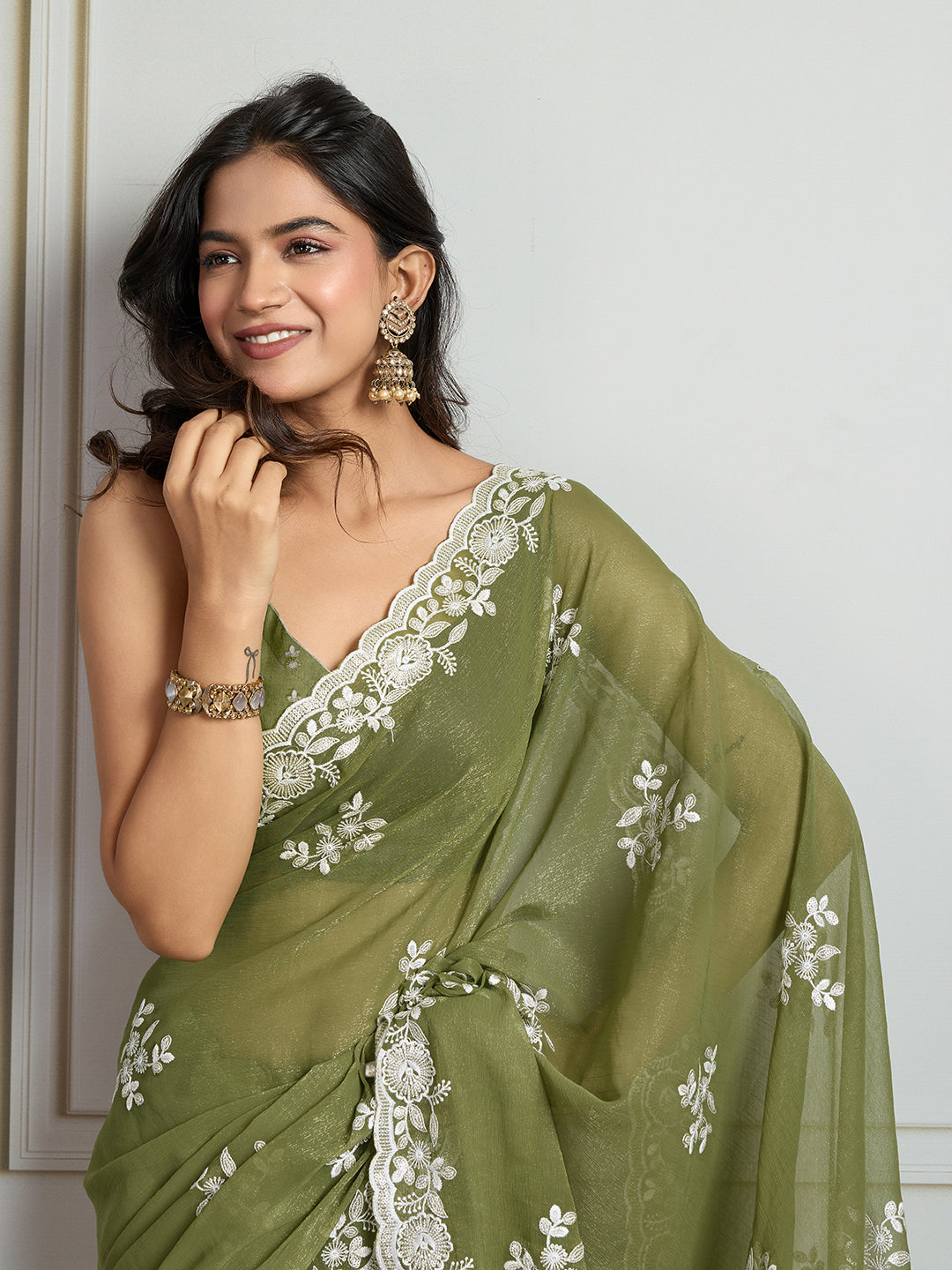 Jyoti Fashion Women's Olive Green Semi Georgette Embroidered Designer Saree with Blouse | Swadesiicart