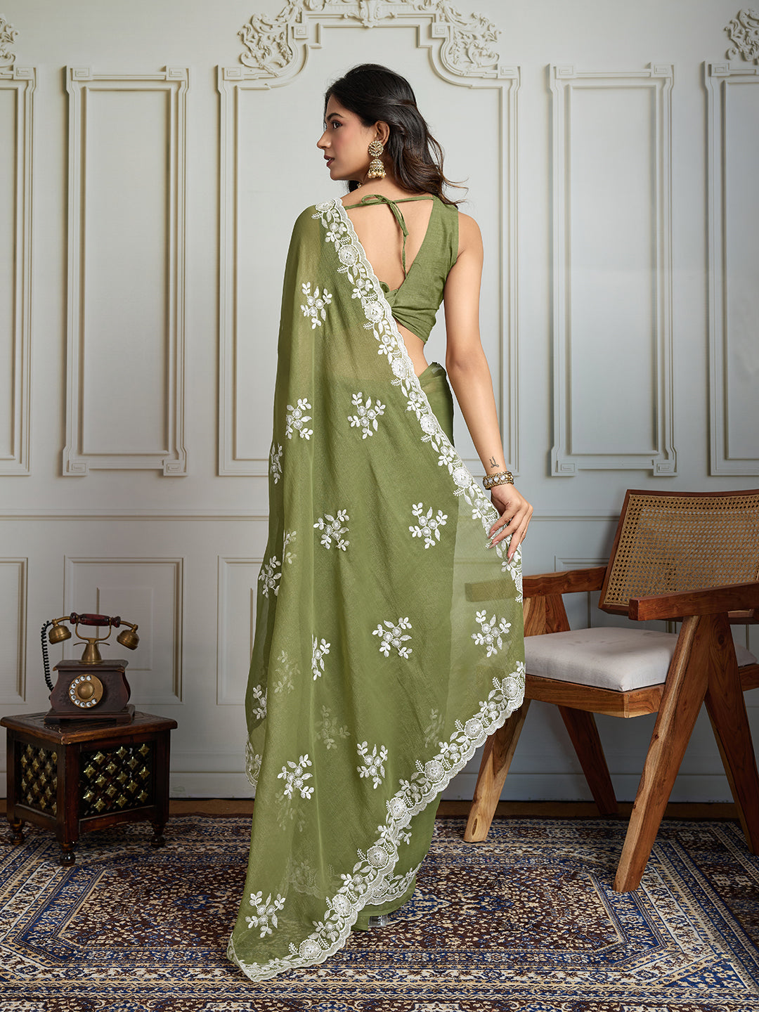 Jyoti Fashion Women's Olive Green Semi Georgette Embroidered Designer Saree with Blouse | Swadesiicart