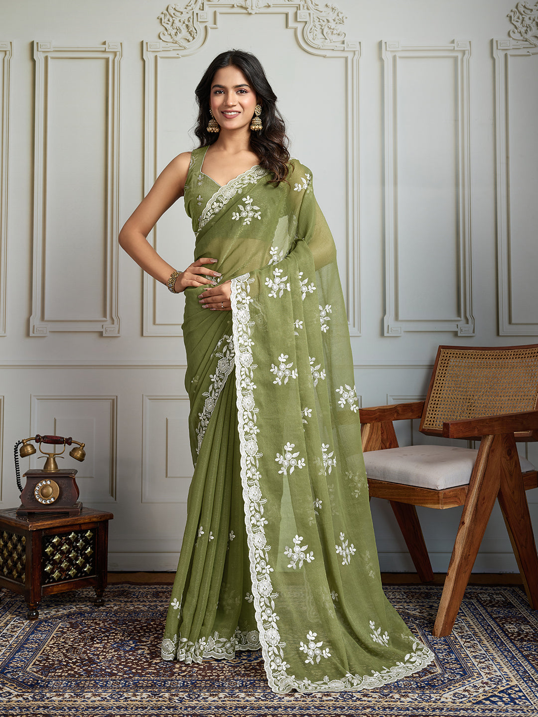 Jyoti Fashion Women's Olive Green Semi Georgette Embroidered Designer Saree with Blouse | Swadesiicart