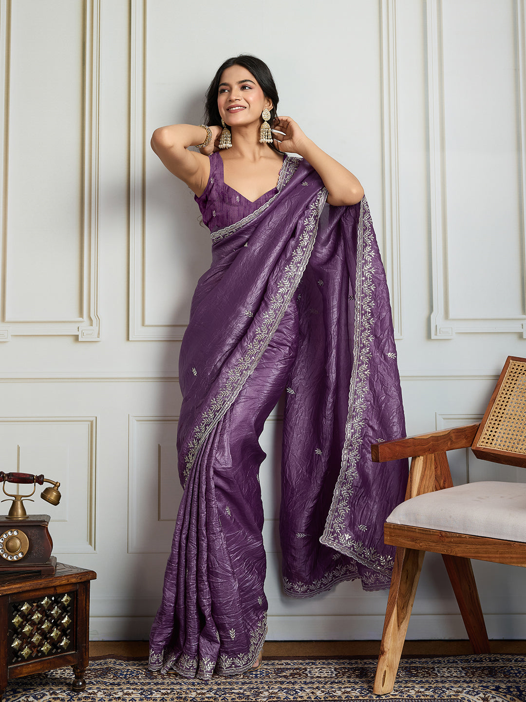 Jyoti Fashion Women's Purple Gold Crush Embroidered Designer Saree with Blouse | Swadesiicart