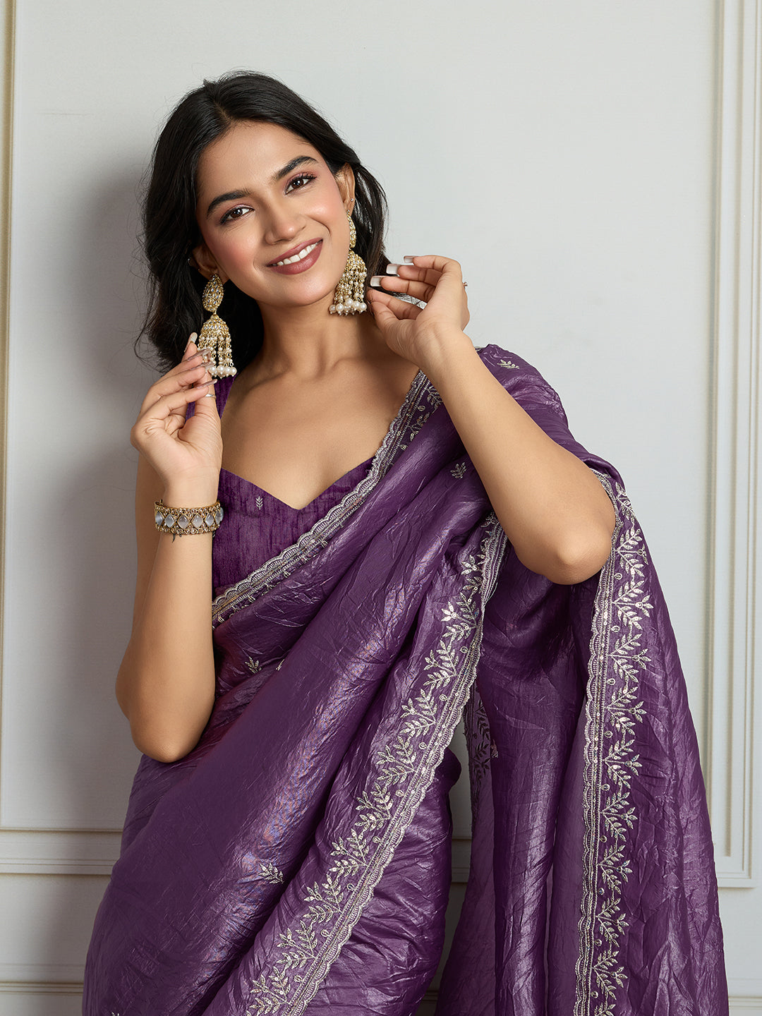 Jyoti Fashion Women's Purple Gold Crush Embroidered Designer Saree with Blouse | Swadesiicart