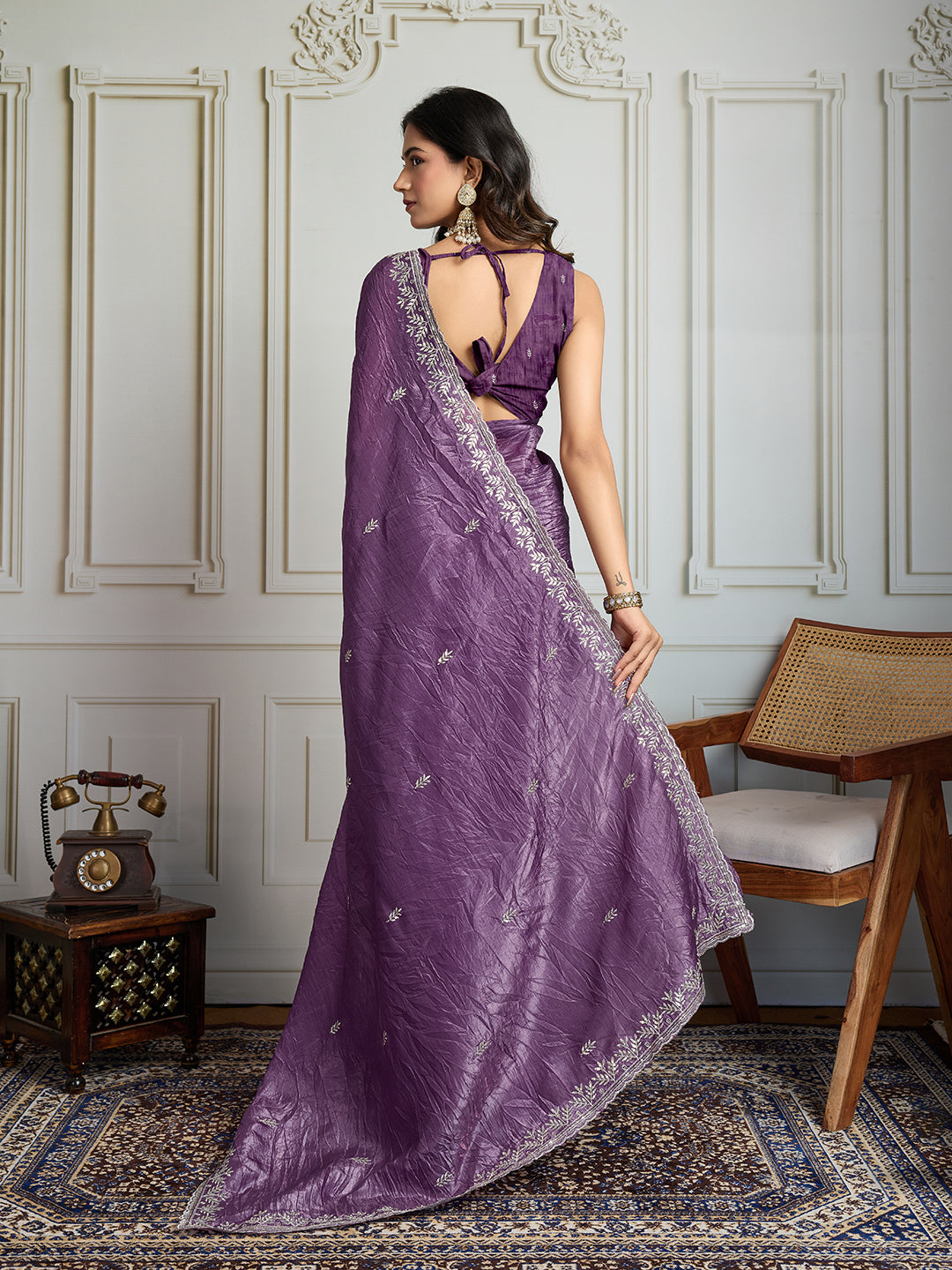 Jyoti Fashion Women's Purple Gold Crush Embroidered Designer Saree with Blouse | Swadesiicart