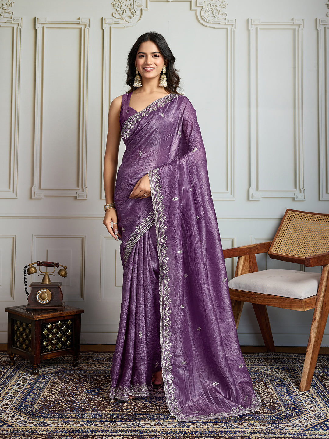 Jyoti Fashion Women's Purple Gold Crush Embroidered Designer Saree with Blouse | Swadesiicart