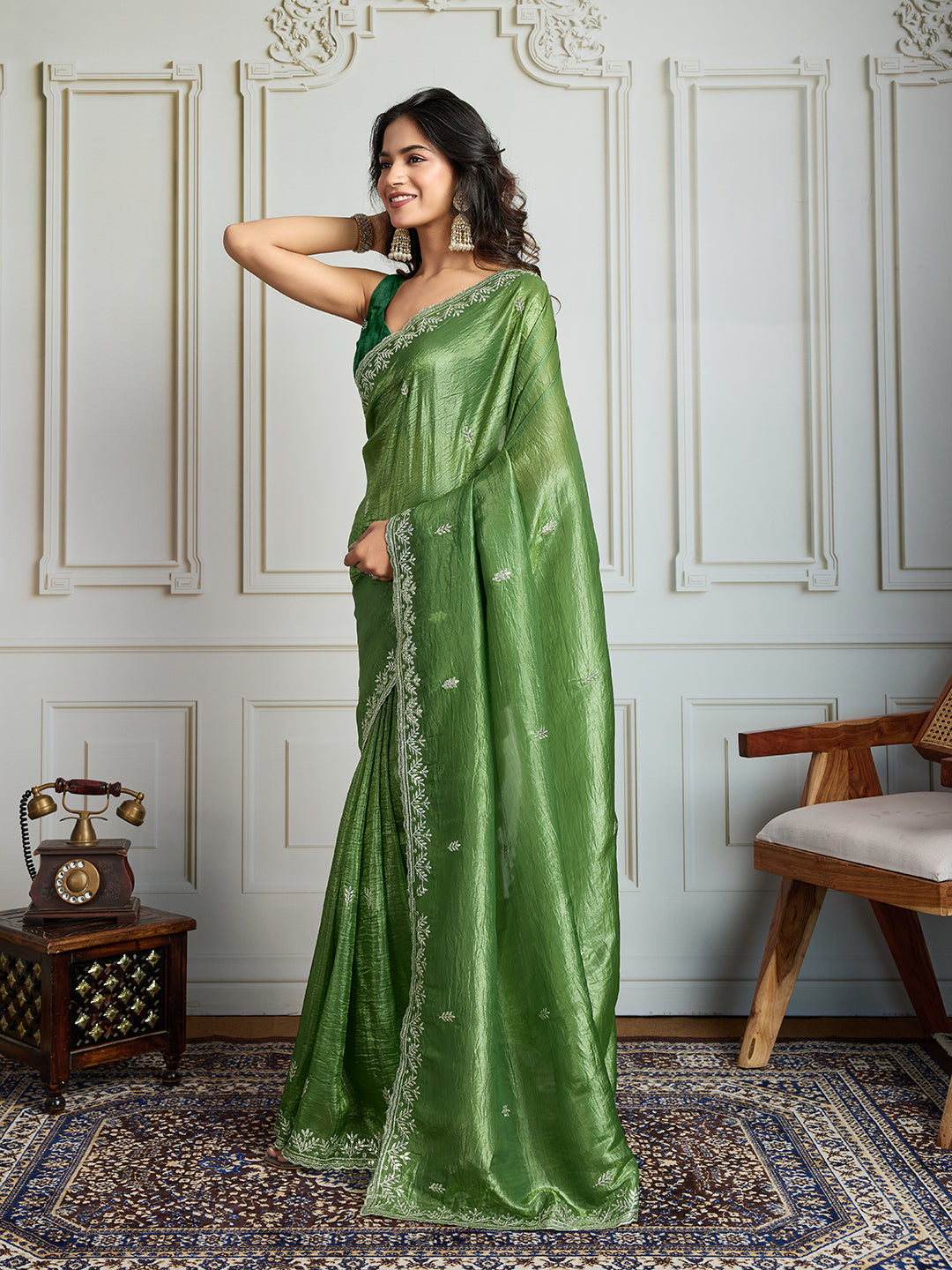 Jyoti Fashion Women's Parrot Green Gold Crush Embroidered Designer Saree with Blouse | Swadesiicart