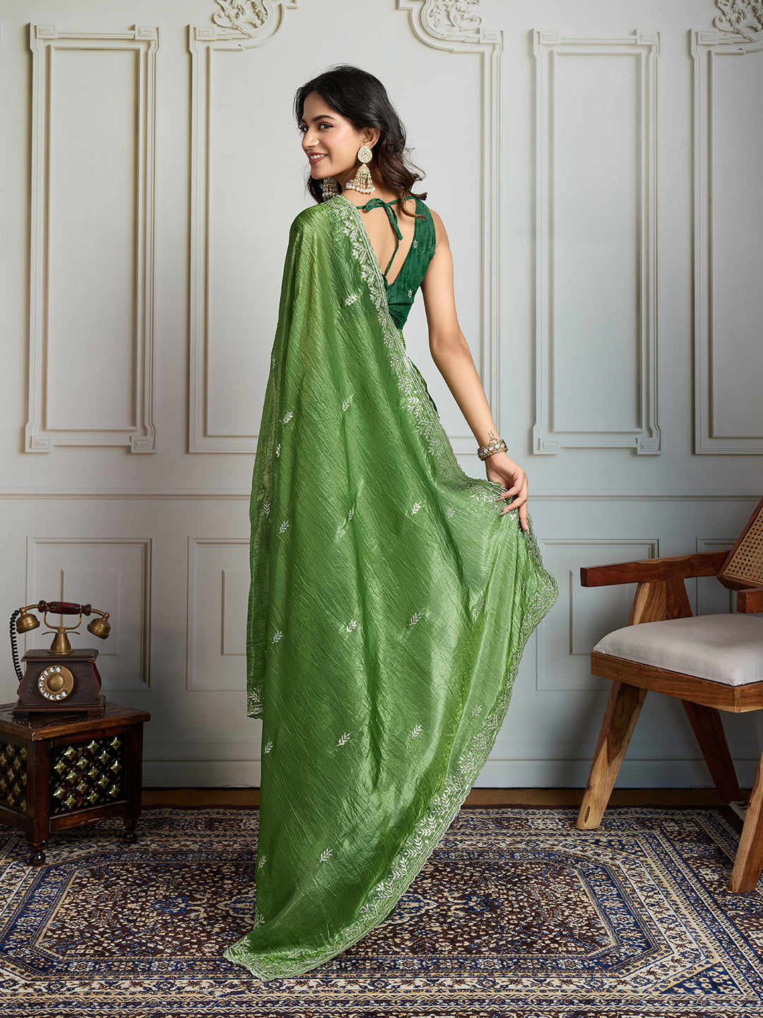 Jyoti Fashion Women's Parrot Green Gold Crush Embroidered Designer Saree with Blouse | Swadesiicart