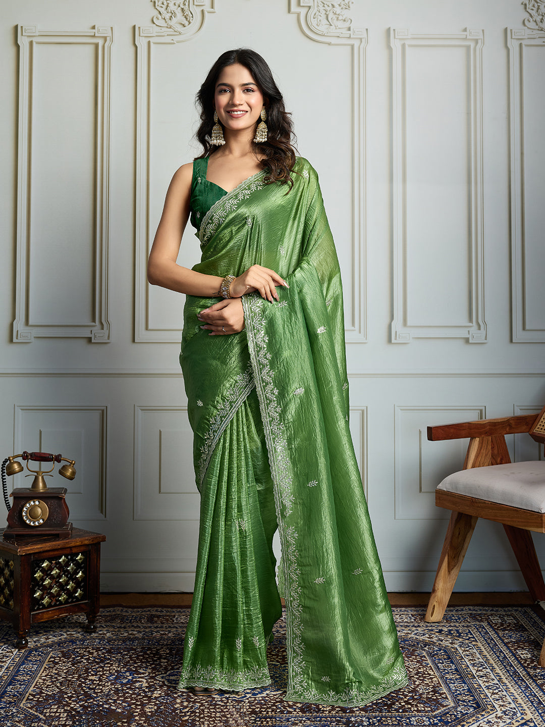 Jyoti Fashion Women's Parrot Green Gold Crush Embroidered Designer Saree with Blouse | Swadesiicart