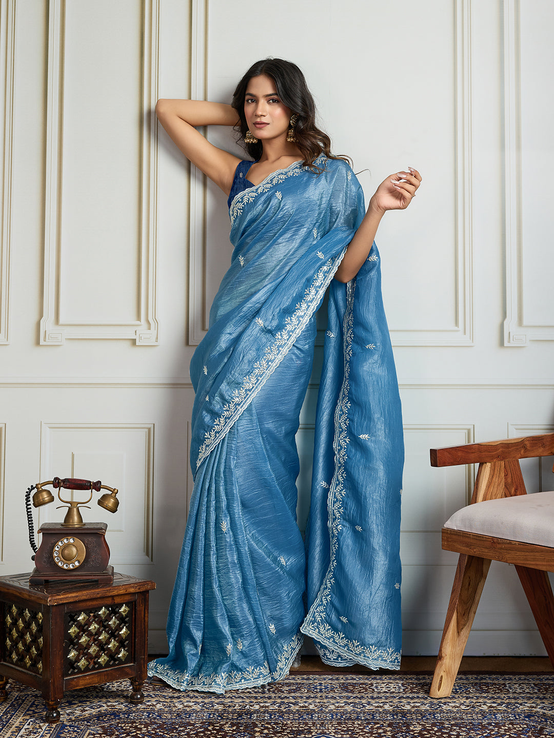 Jyoti Fashion Women's Rama Blue Gold Crush Embroidered Designer Saree with Blouse | Swadesiicart