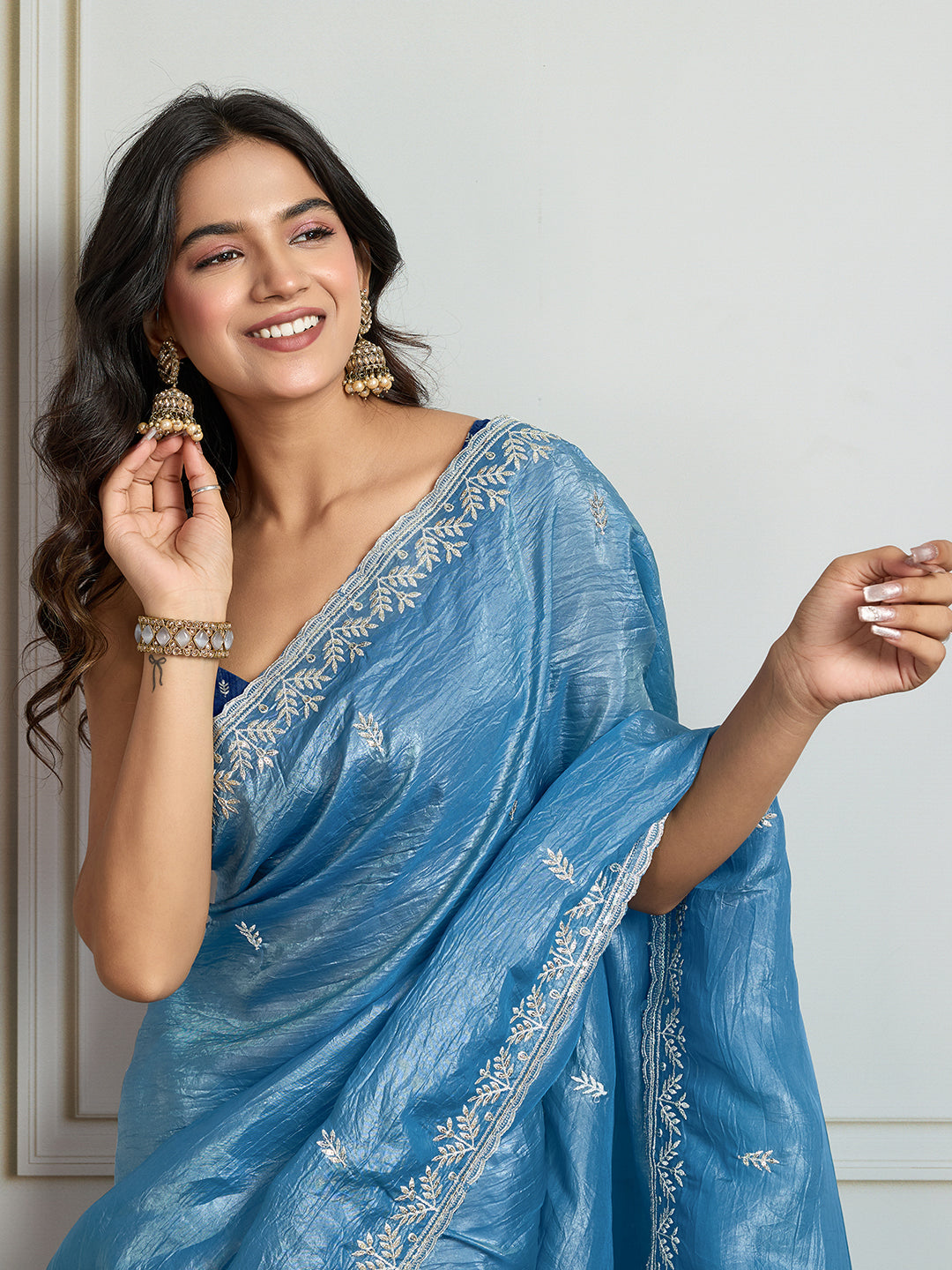 Jyoti Fashion Women's Rama Blue Gold Crush Embroidered Designer Saree with Blouse | Swadesiicart