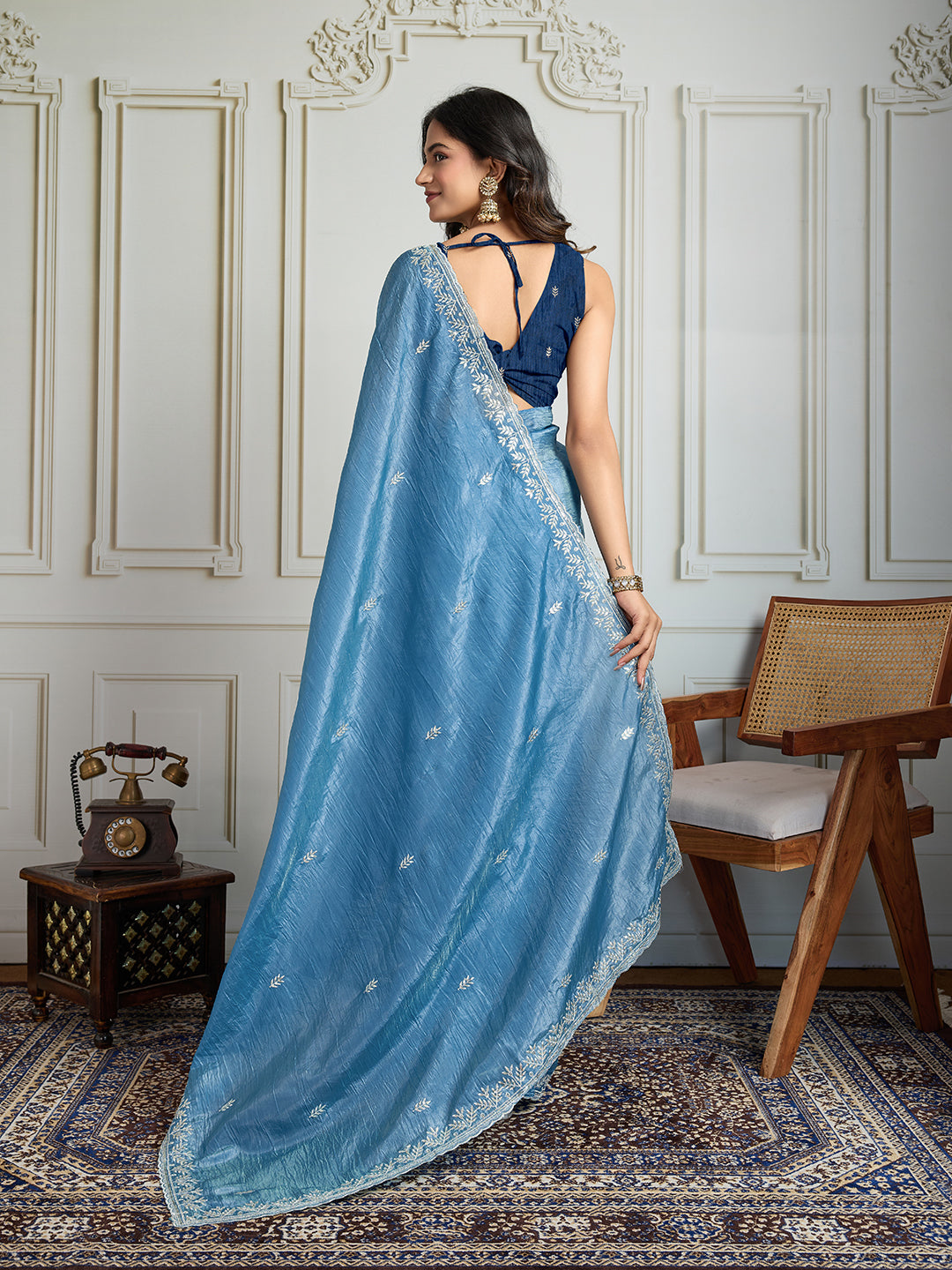 Jyoti Fashion Women's Rama Blue Gold Crush Embroidered Designer Saree with Blouse | Swadesiicart