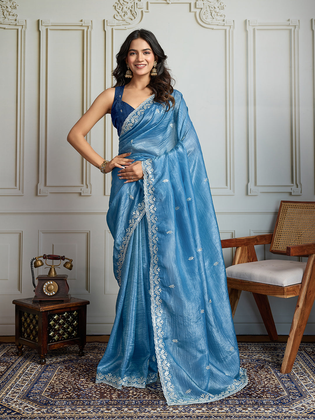 Jyoti Fashion Women's Rama Blue Gold Crush Embroidered Designer Saree with Blouse | Swadesiicart