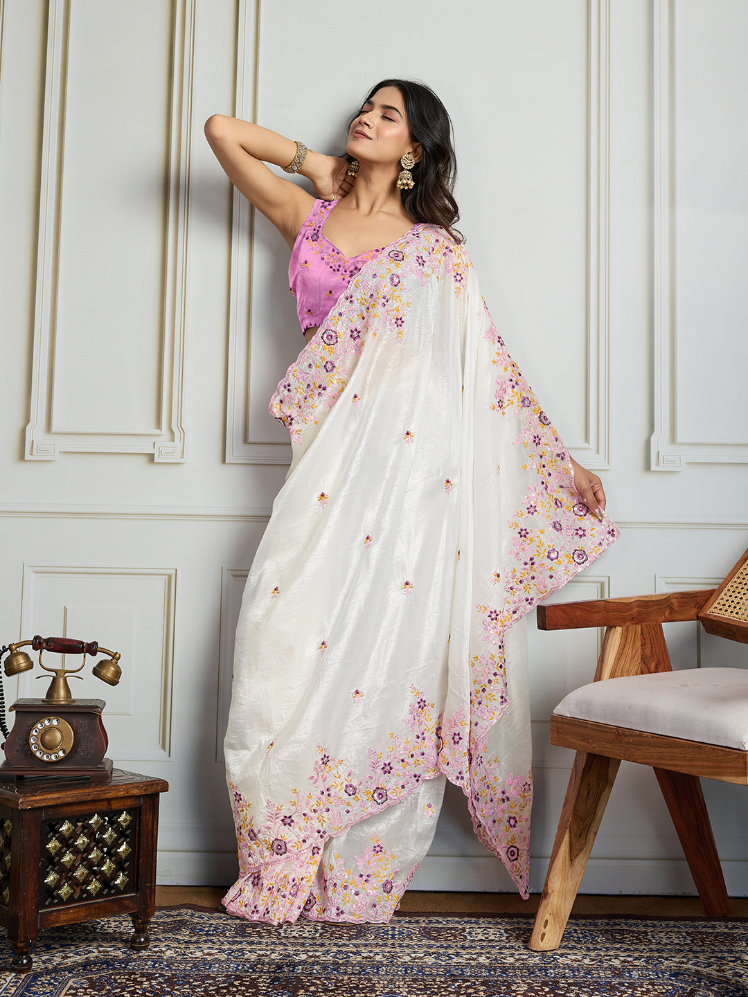 Jyoti Fashion Women's White Gold Crush Embroidered Designer Saree with Blouse | Swadesiicart