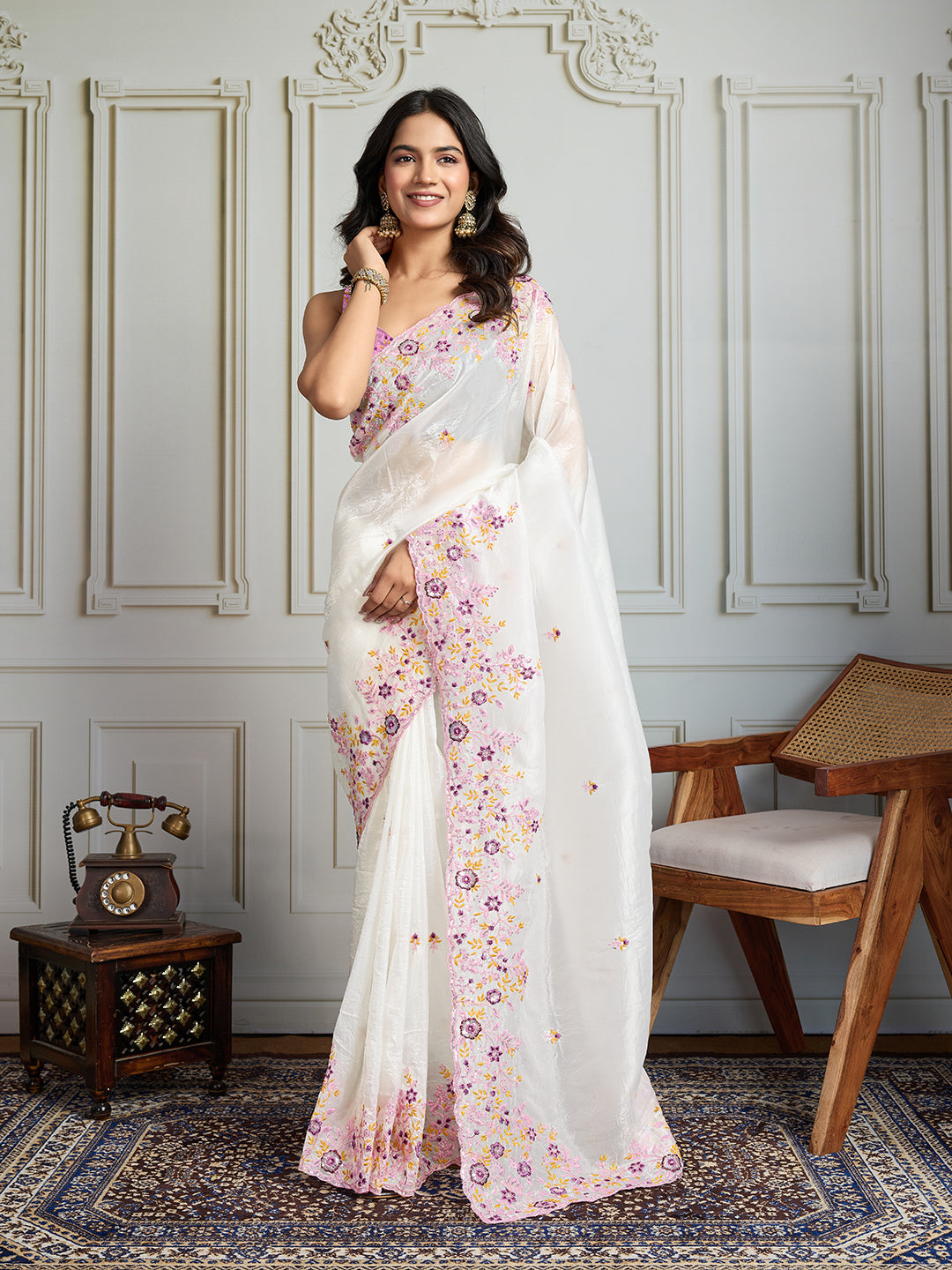 Jyoti Fashion Women's White Gold Crush Embroidered Designer Saree with Blouse | Swadesiicart