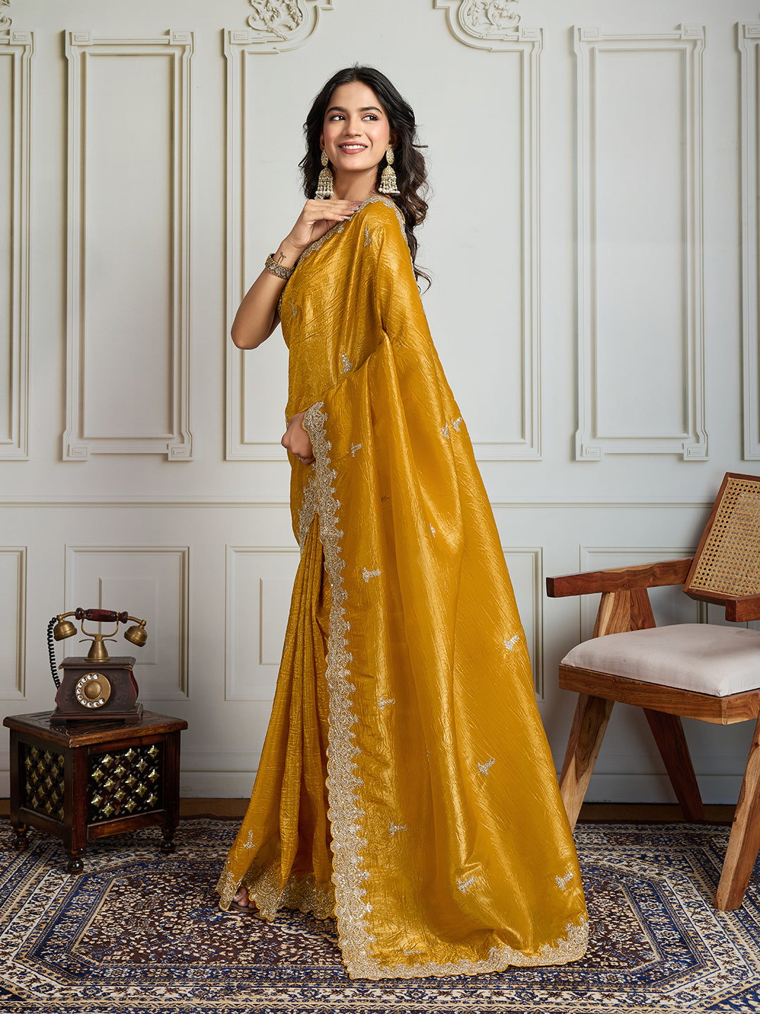 Jyoti Fashion Women's Yellow Satin Silk Embroidered Designer Saree with Blouse | Swadesiicart