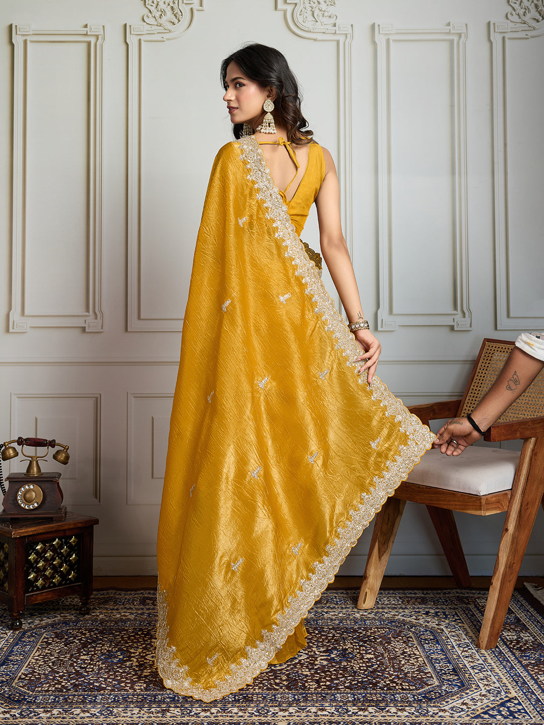 Jyoti Fashion Women's Yellow Satin Silk Embroidered Designer Saree with Blouse | Swadesiicart
