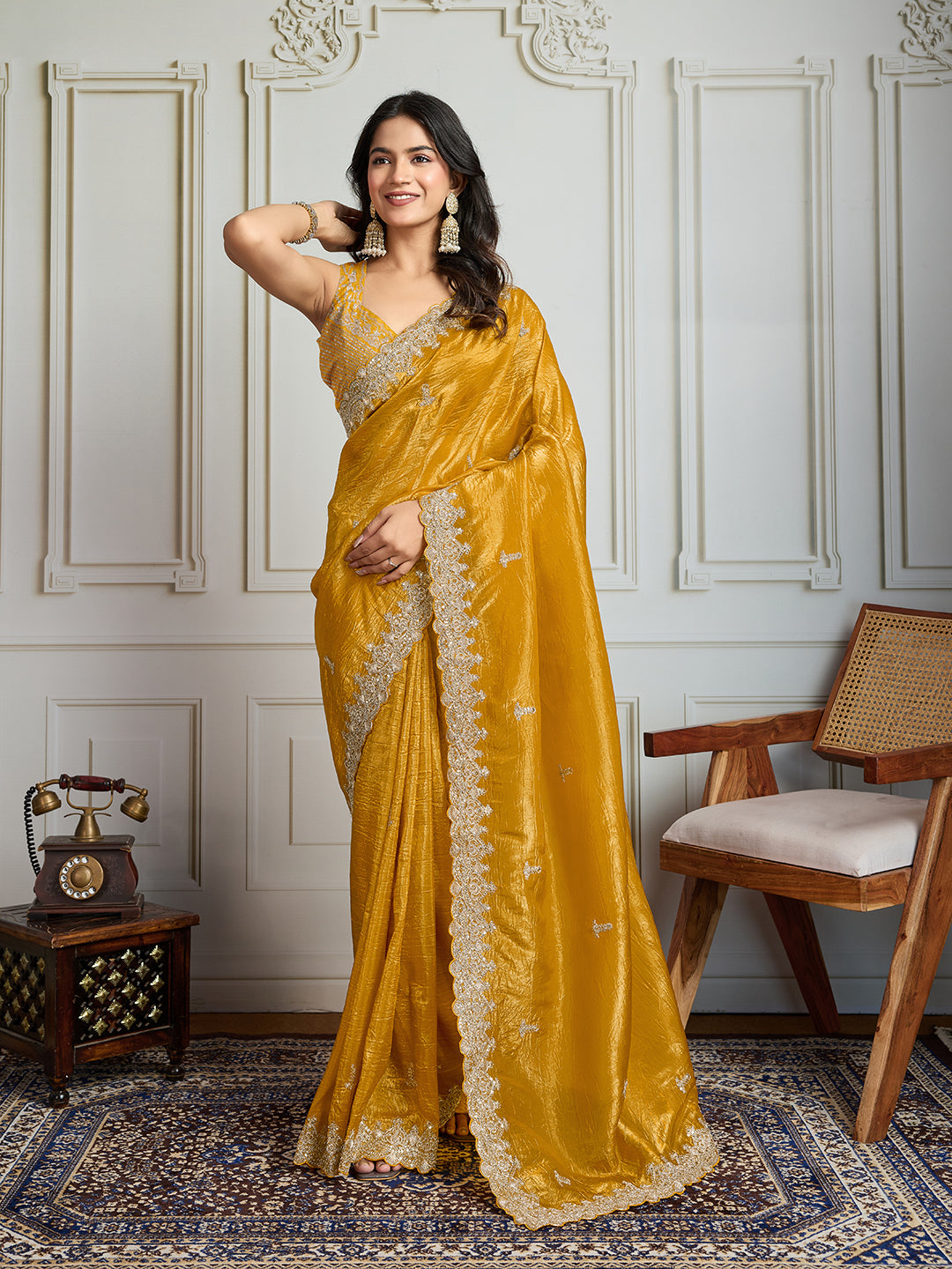 Jyoti Fashion Women's Yellow Satin Silk Embroidered Designer Saree with Blouse | Swadesiicart