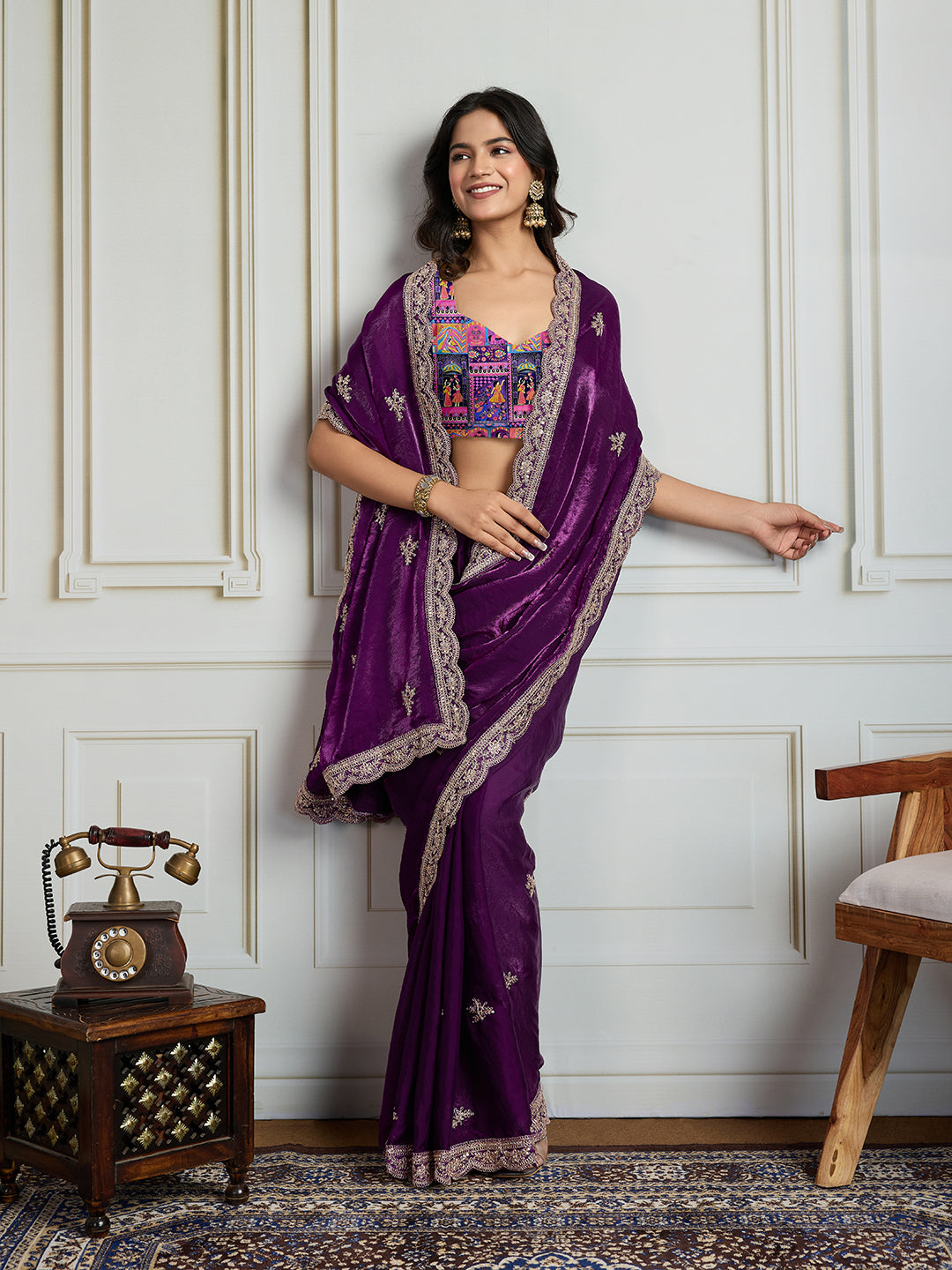 Jyoti Fashion Women's Purple Jimmy Choo Embroidered Designer Saree with Blouse | Swadesiicart