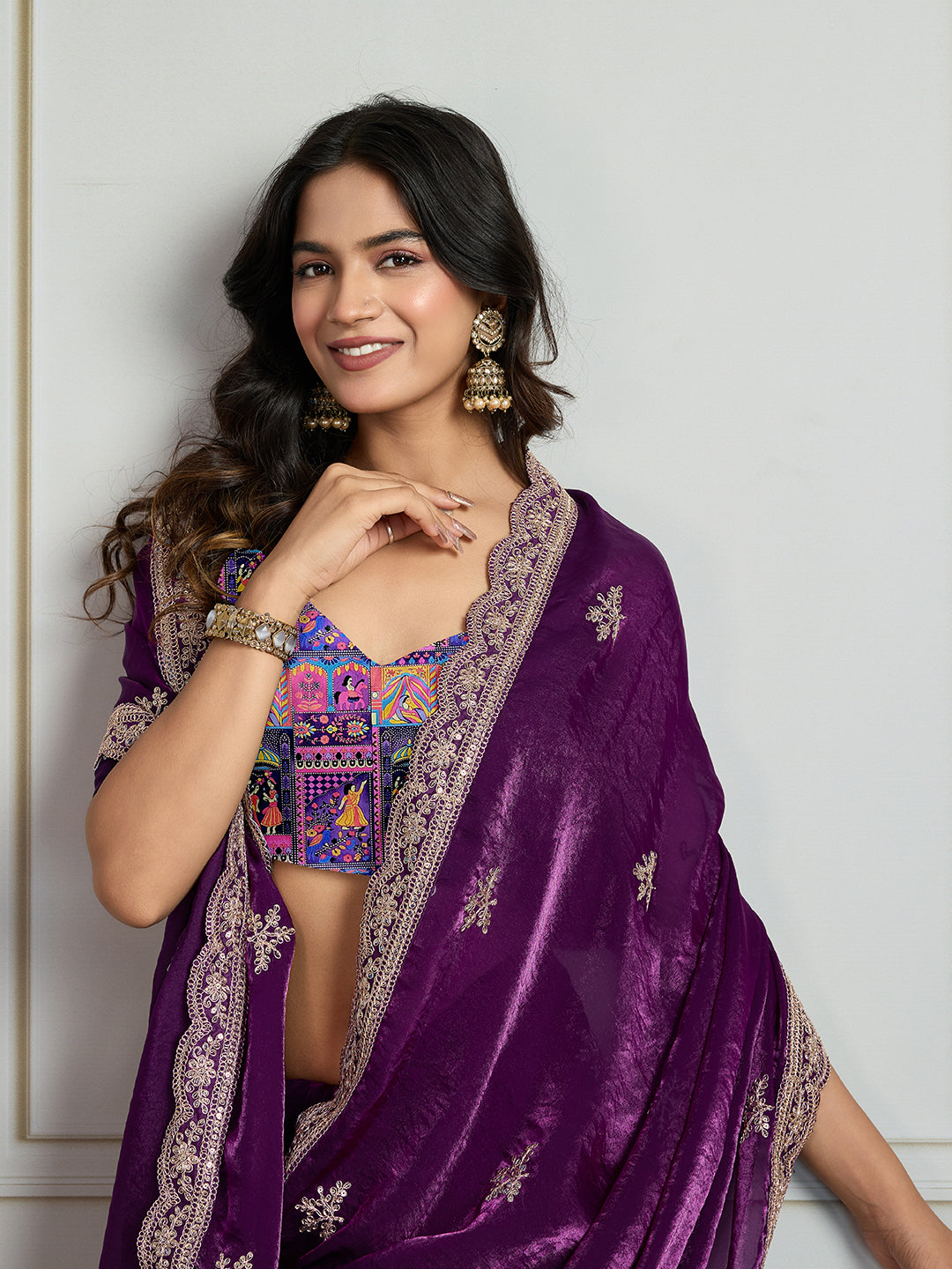 Jyoti Fashion Women's Purple Jimmy Choo Embroidered Designer Saree with Blouse | Swadesiicart