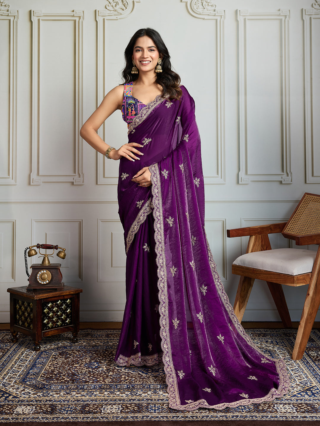 Jyoti Fashion Women's Purple Jimmy Choo Embroidered Designer Saree with Blouse | Swadesiicart